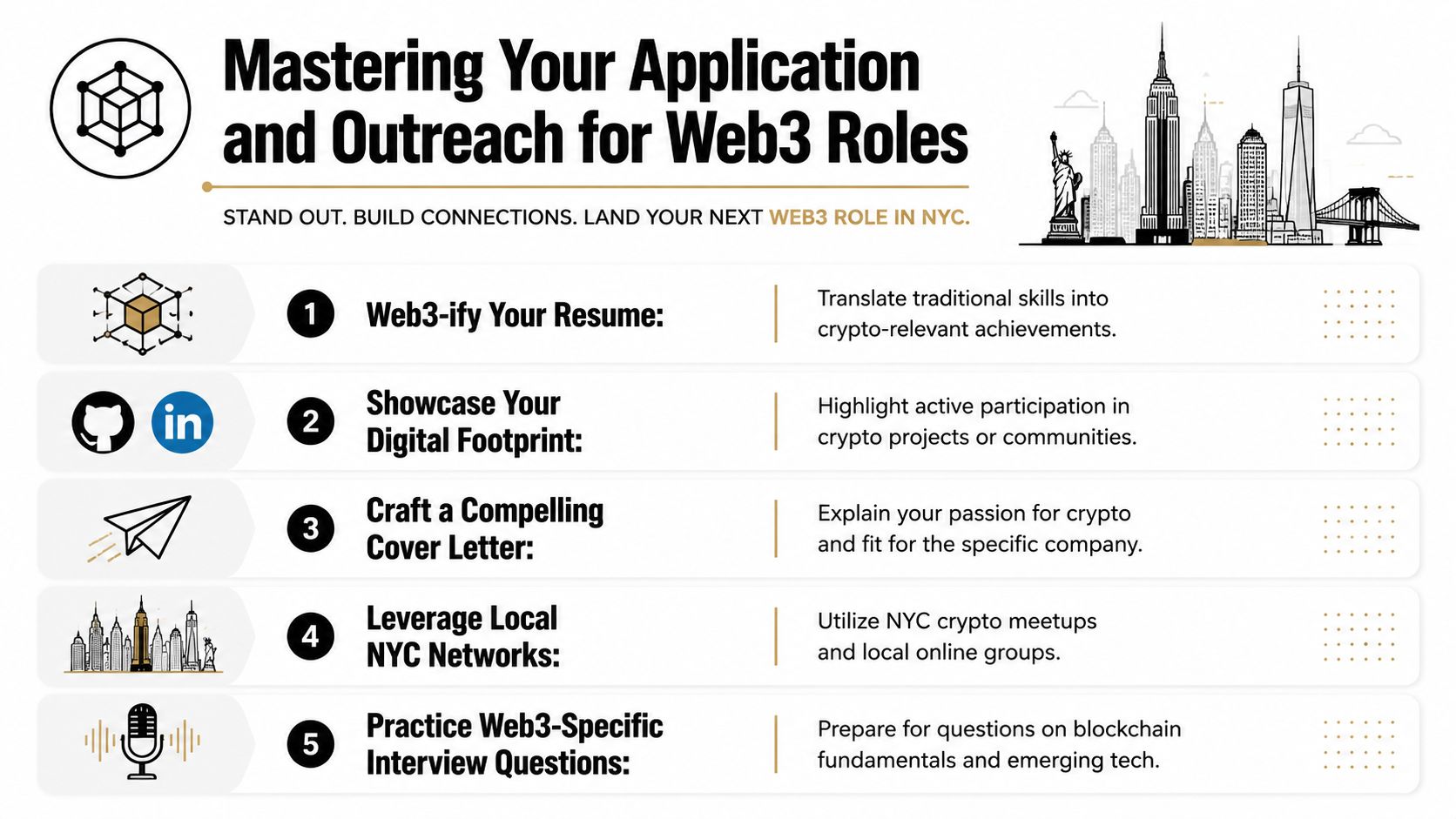 An infographic titled Mastering Your Application and Outreach for Web3 Roles with five professional career tips.
