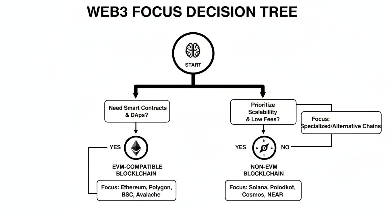 Web3 focus decision tree guiding blockchain choices based on smart contracts, scalability, and fees.
