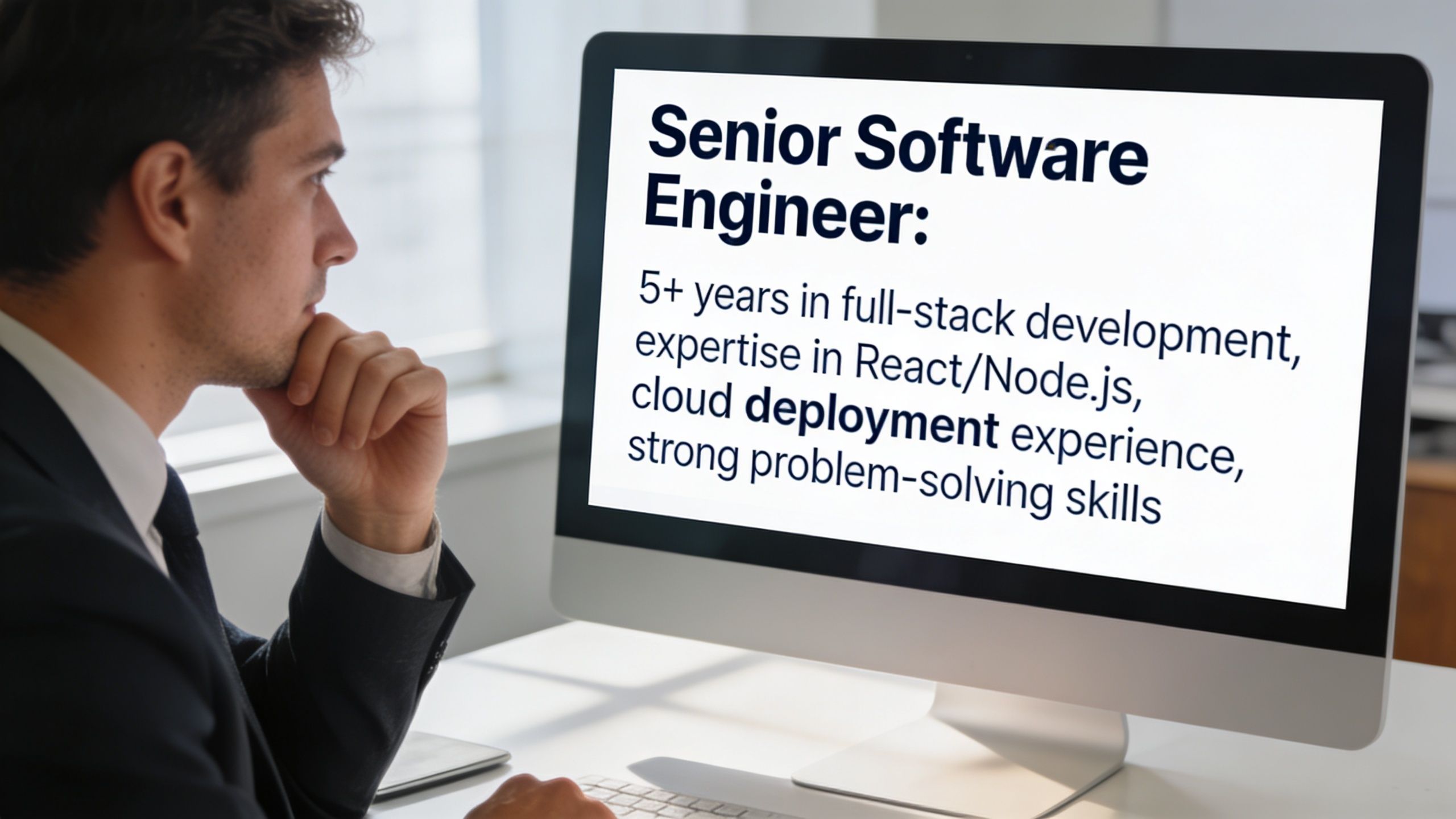 A professional man in a suit reviewing a job description for a Senior Software Engineer position on a monitor.