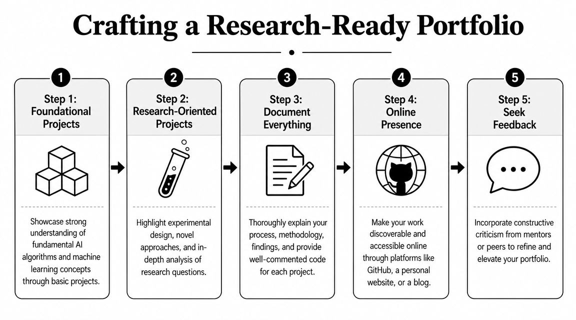 An infographic outlining a five-step guide for building an AI research-ready professional portfolio for aspiring researchers.