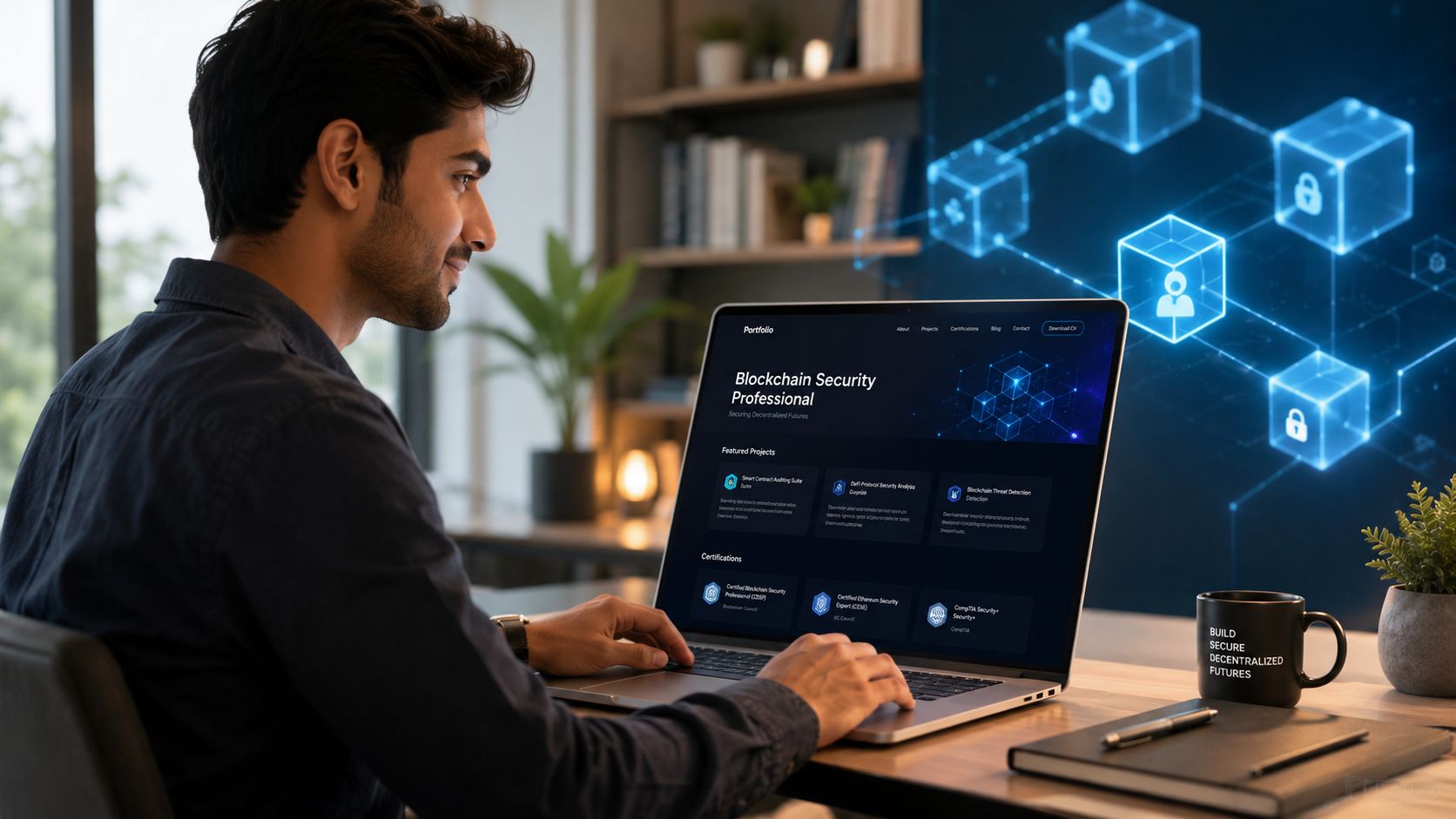 A professional working on a laptop showcasing blockchain security projects and certifications in a modern home office.