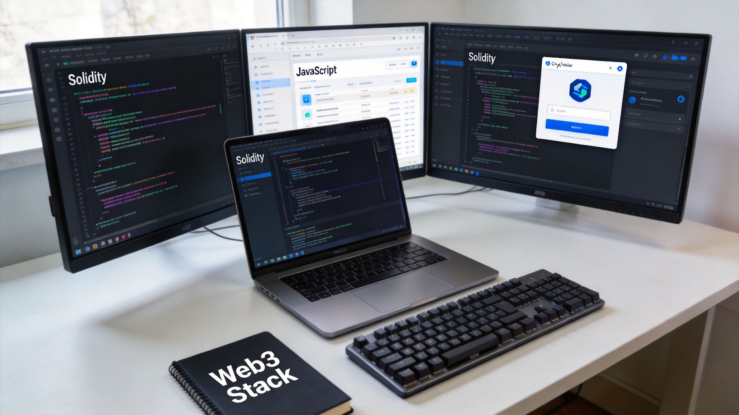 A professional developer workstation featuring a laptop, three monitors with code, and a Web3 Stack notebook.