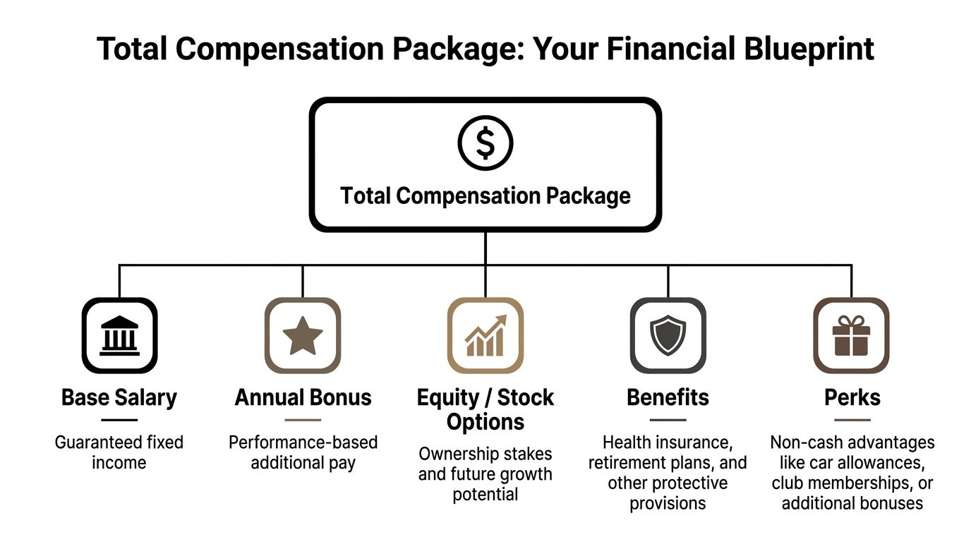 A diagram illustrating the five key components of a total compensation package, including salary, bonuses, and benefits.
