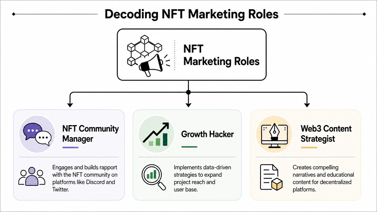 A diagram illustrating three key NFT marketing roles: Community Manager, Growth Hacker, and Web3 Content Strategist.