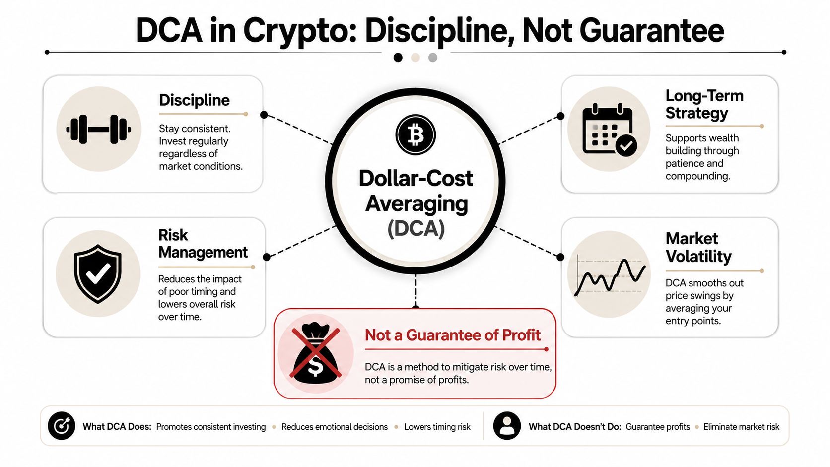 An infographic explaining Dollar-Cost Averaging (DCA) strategy in cryptocurrency with key principles and risk management.