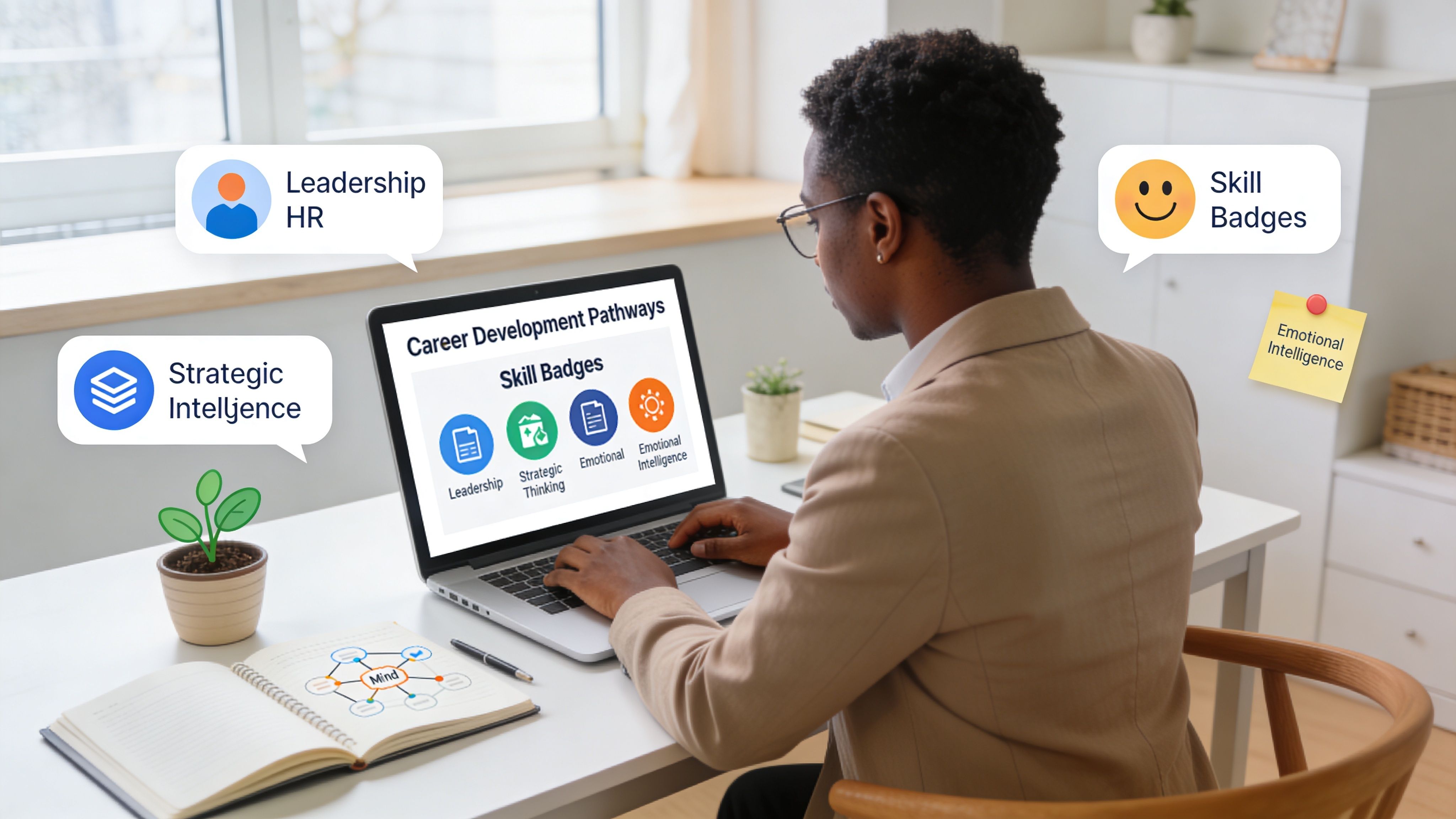 A professional working on a laptop showcasing skill badges and career development pathways for HR professionals.