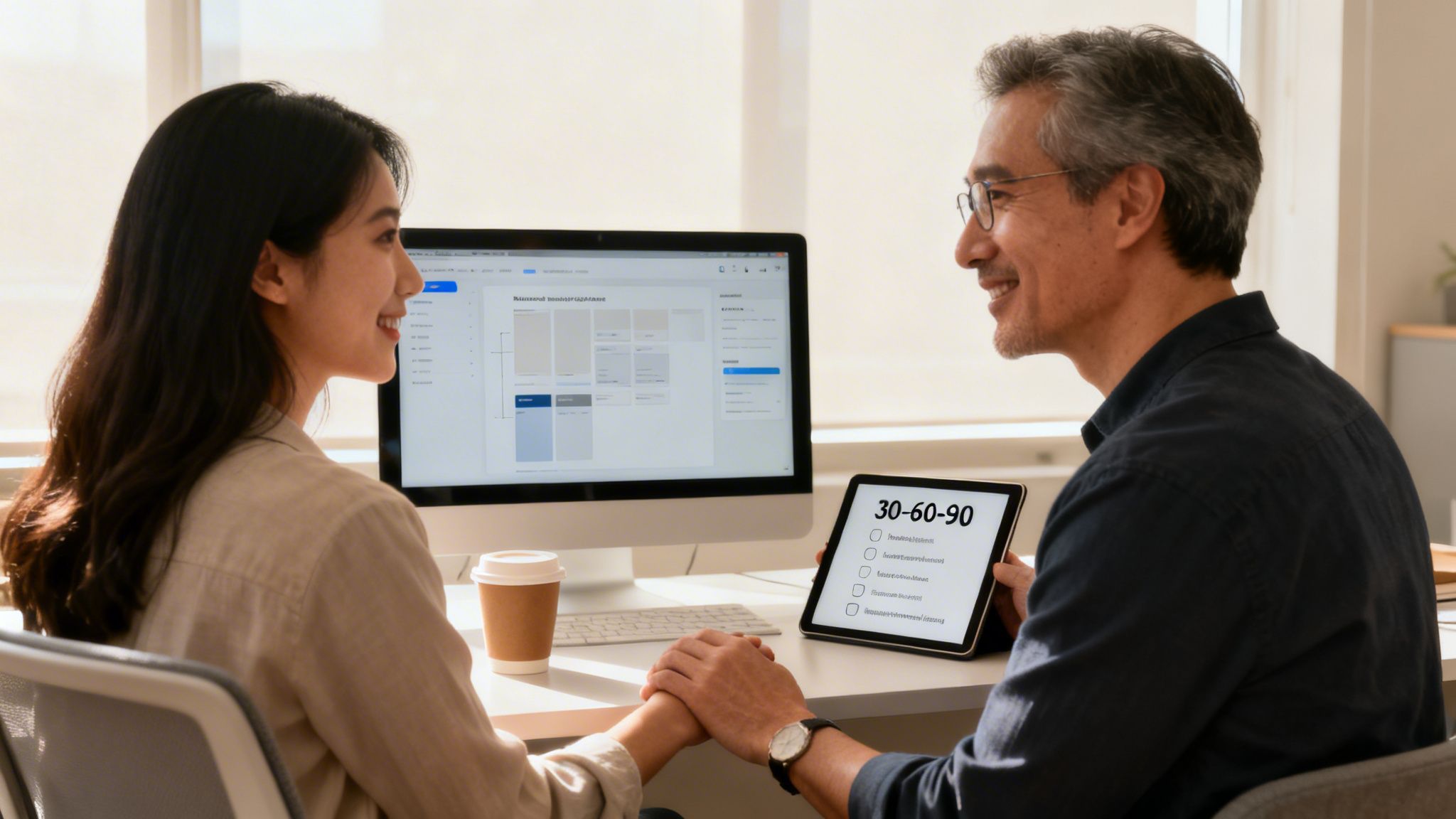 Smiling diverse colleagues holding hands, discussing a 30-60-90 plan on a tablet and computer.