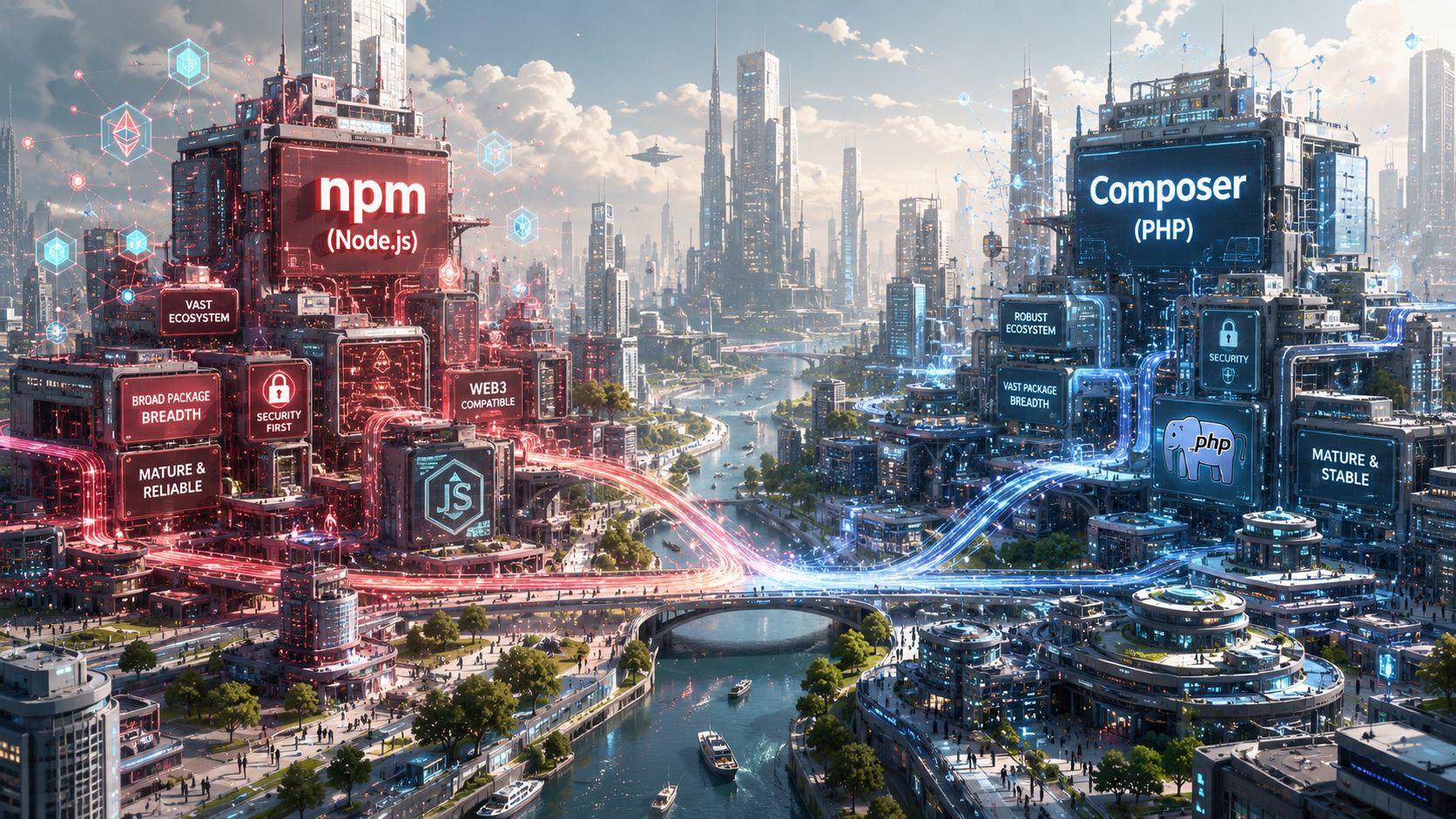 A futuristic city split between npm for Node.js and Composer for PHP package management concepts.