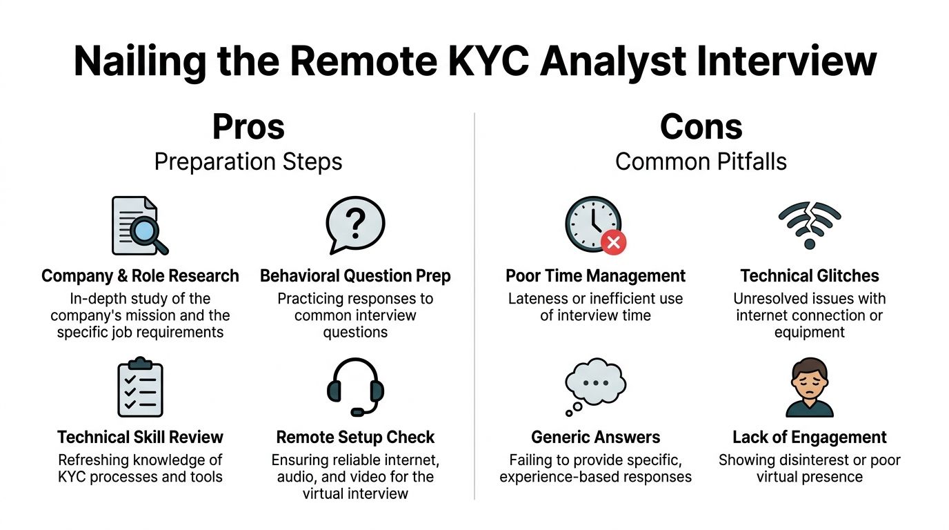 An infographic titled Nailing the Remote KYC Analyst Interview outlining key preparation steps and common pitfalls.
