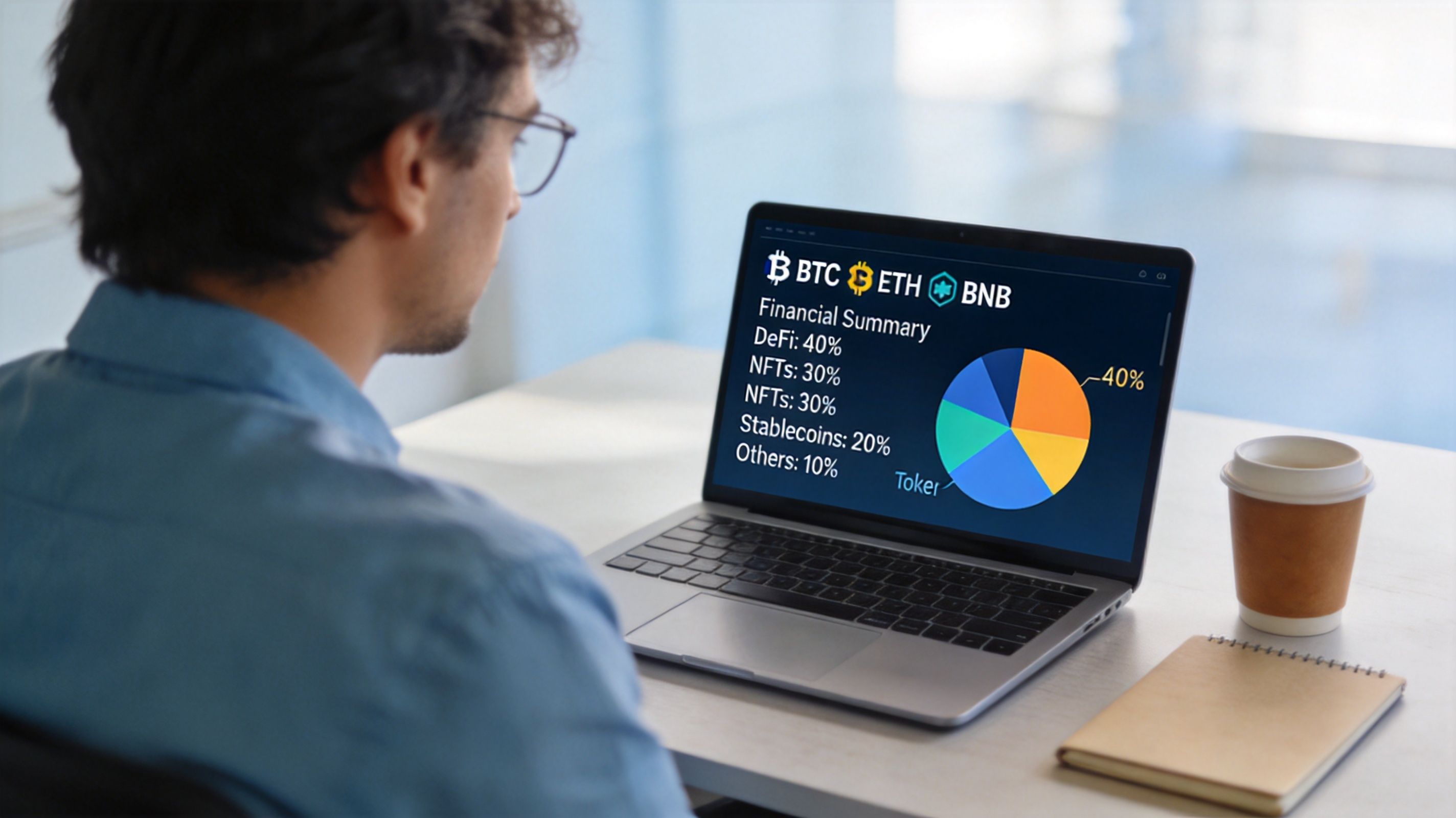 A person sitting at a desk looking at a laptop showing a cryptocurrency financial summary pie chart.
