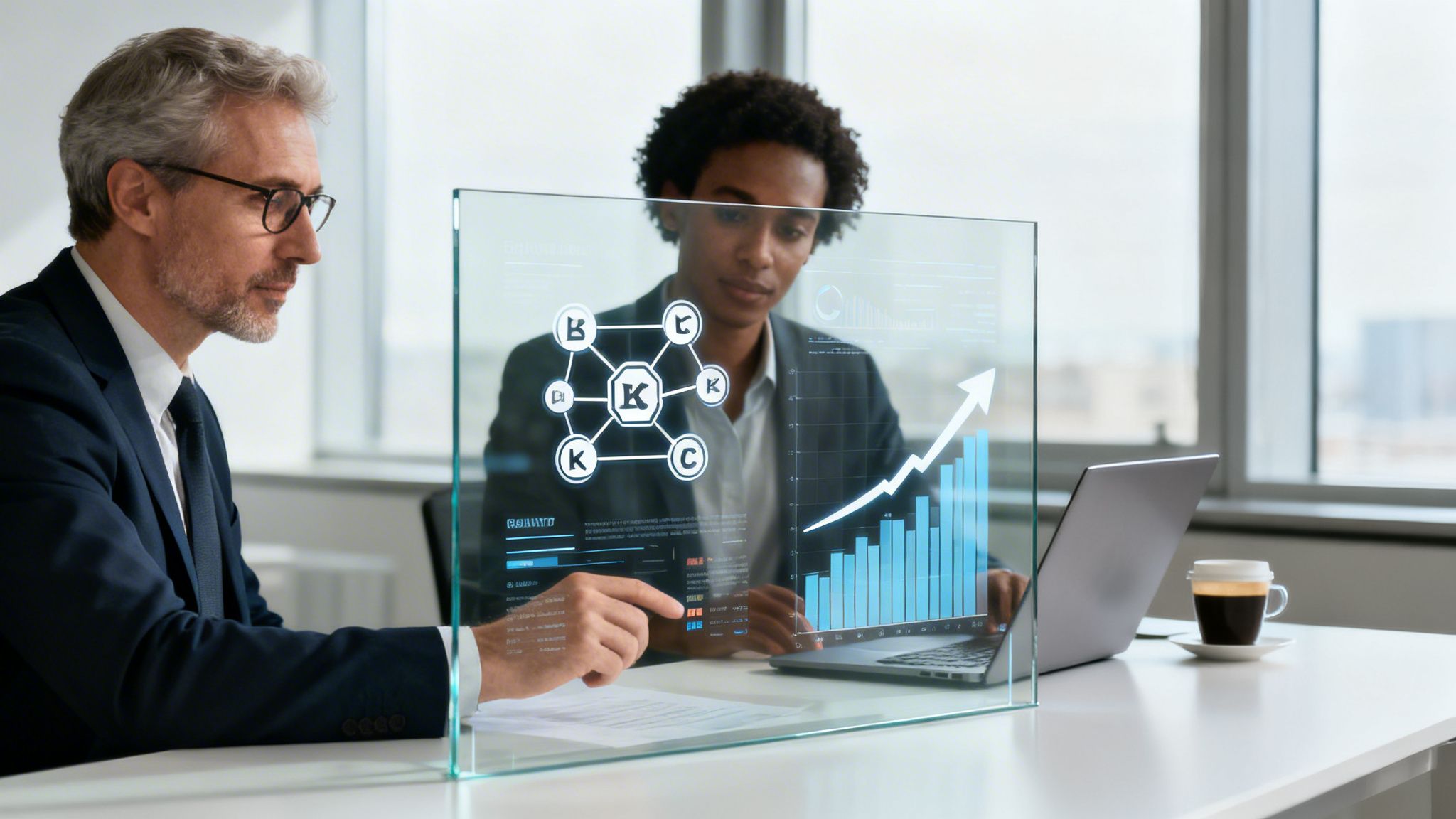 Two business professionals analyze financial data on a futuristic transparent screen in an office.