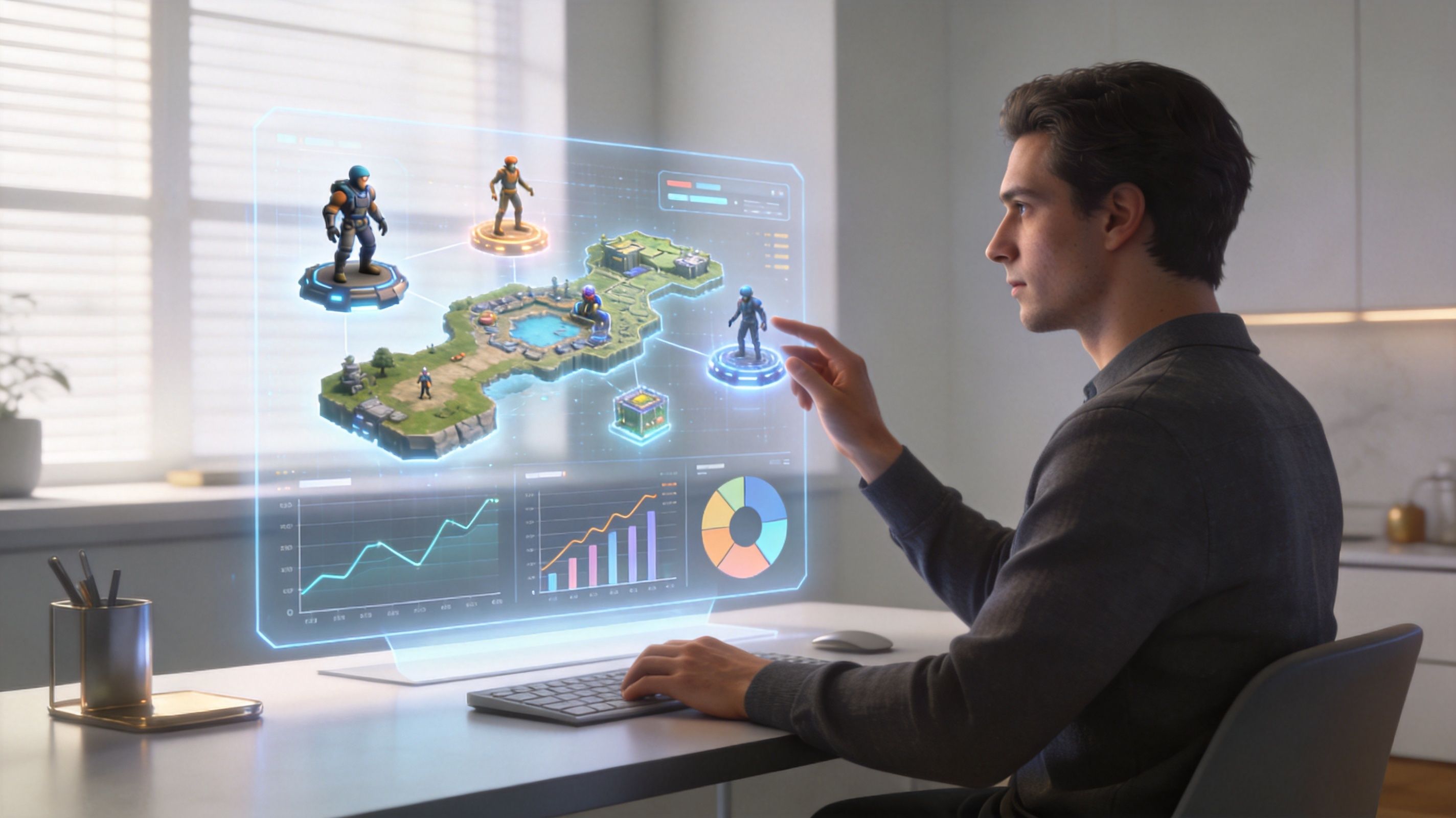 A young man interacting with a futuristic digital holographic interface showing strategy game data and analytics.