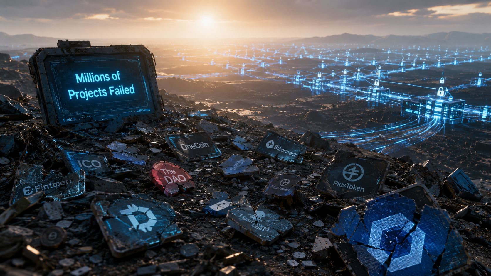 A digital wasteland featuring a graveyard of broken cryptocurrency logos and failed blockchain project icons at sunset.