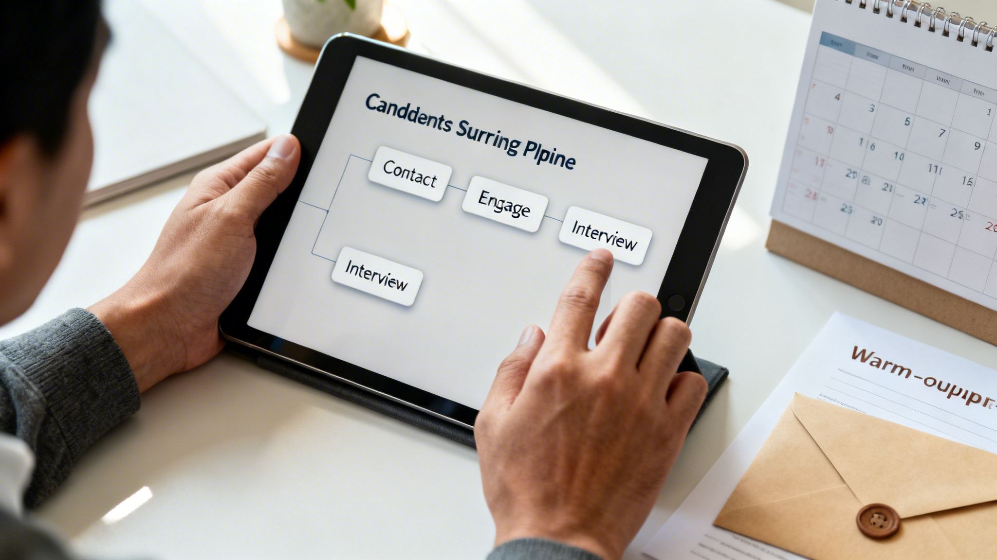 A person interacts with a digital tablet displaying a 'Candidates Sourcing Pipeline' flowchart.