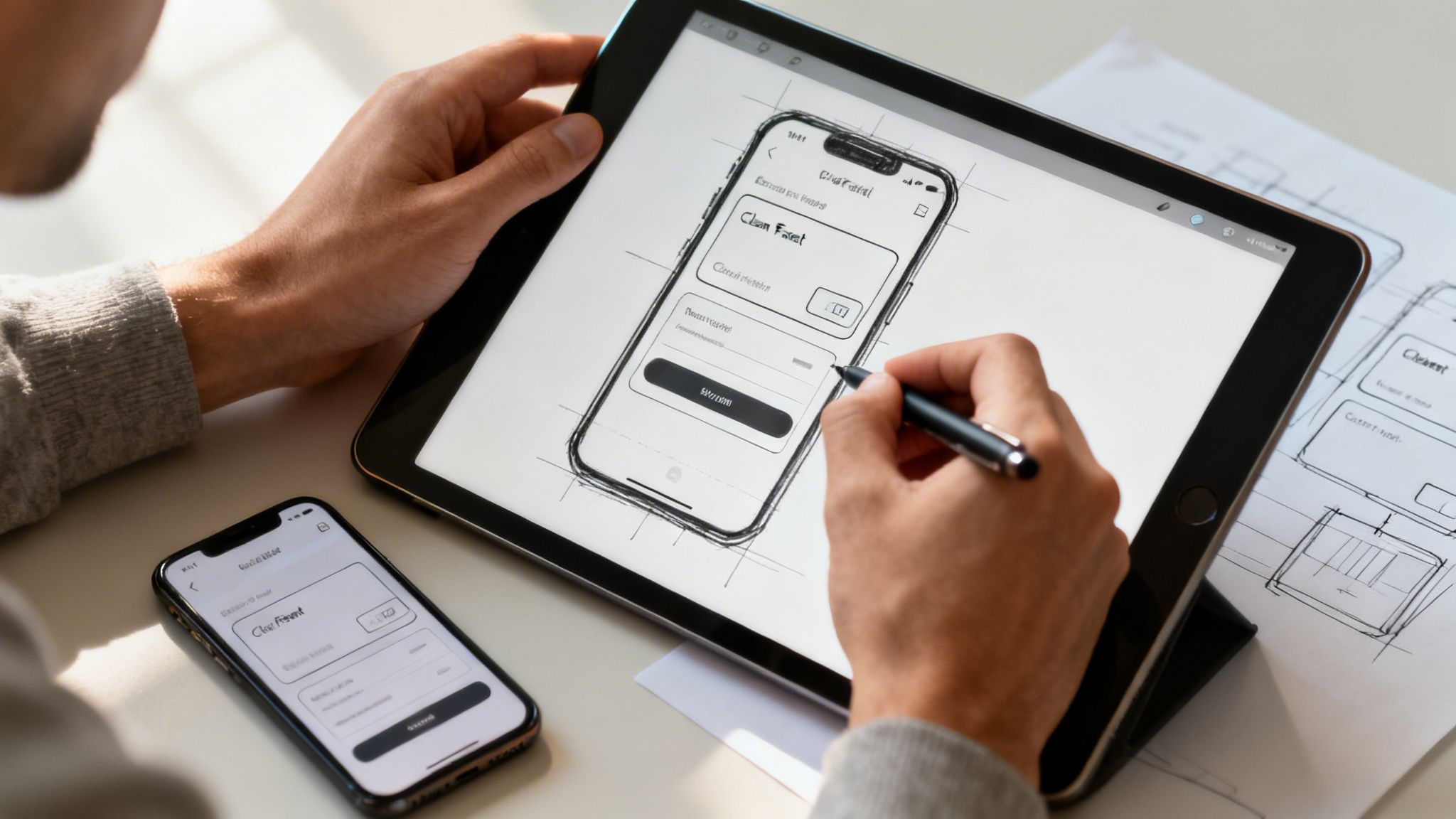 Close-up of hands using a stylus on a tablet to design a mobile app interface, with a smartphone nearby.