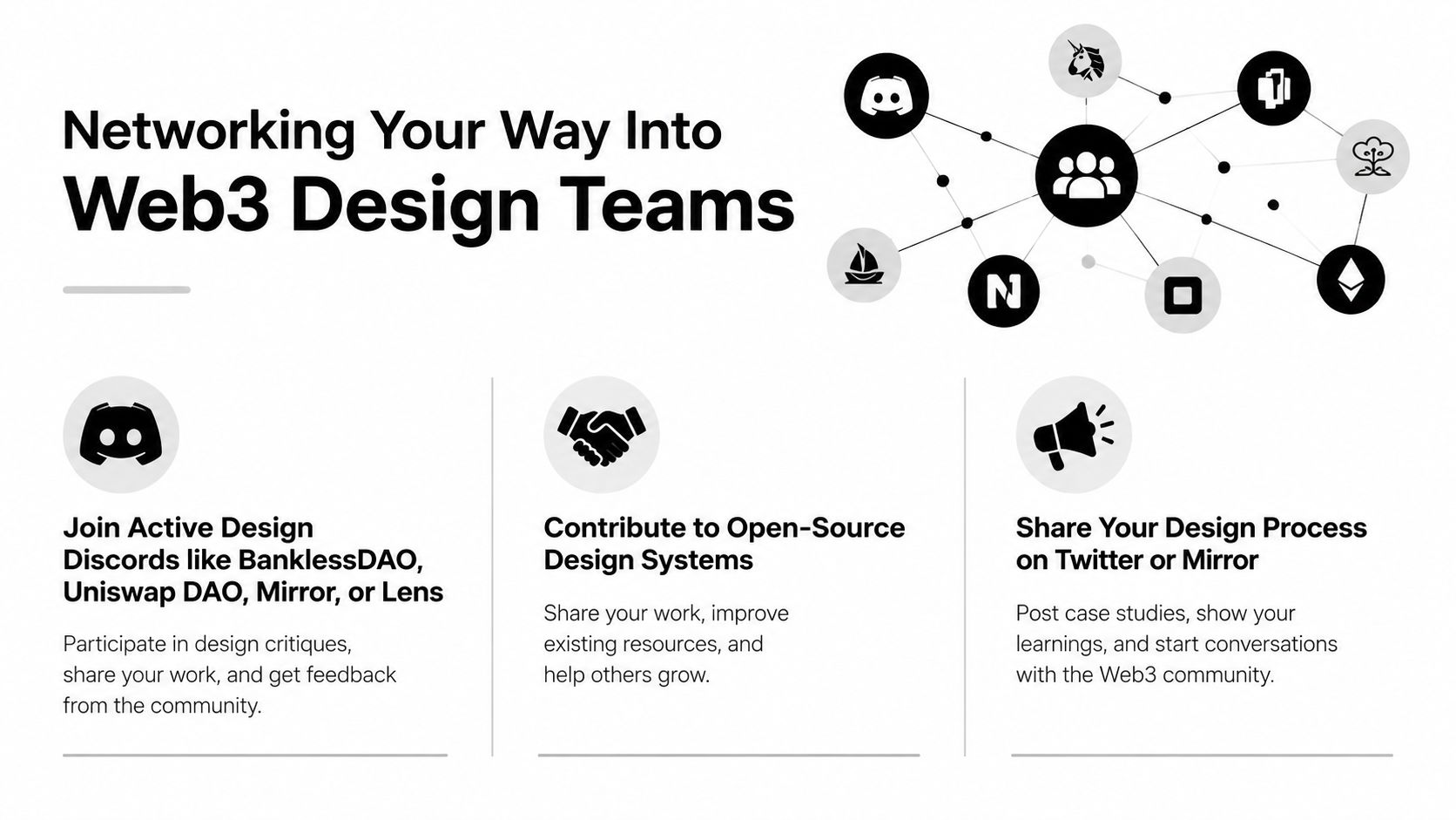 An infographic showing three steps to network and find design work within the Web3 community.
