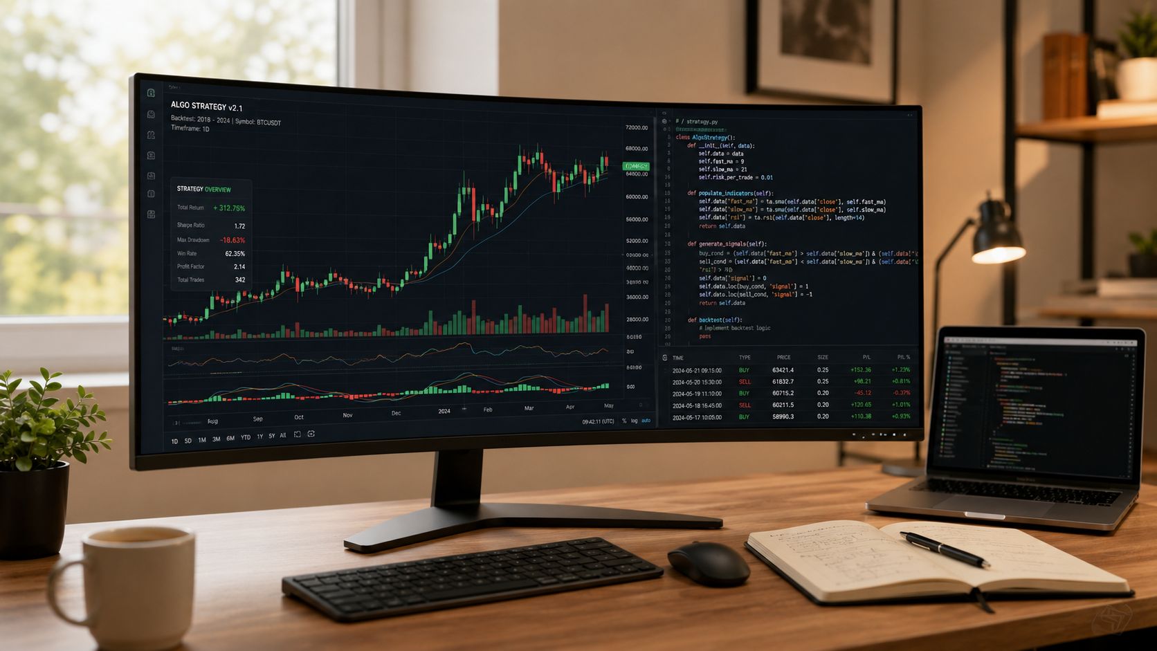 A modern workspace with a ultrawide monitor displaying complex algorithmic trading charts and financial programming code.