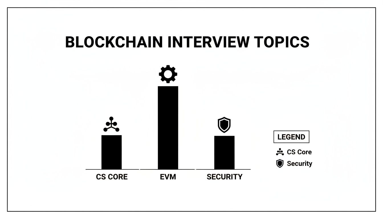 A bar chart titled 'Blockchain Interview Topics' showing the importance of CS Core, EVM, and Security.