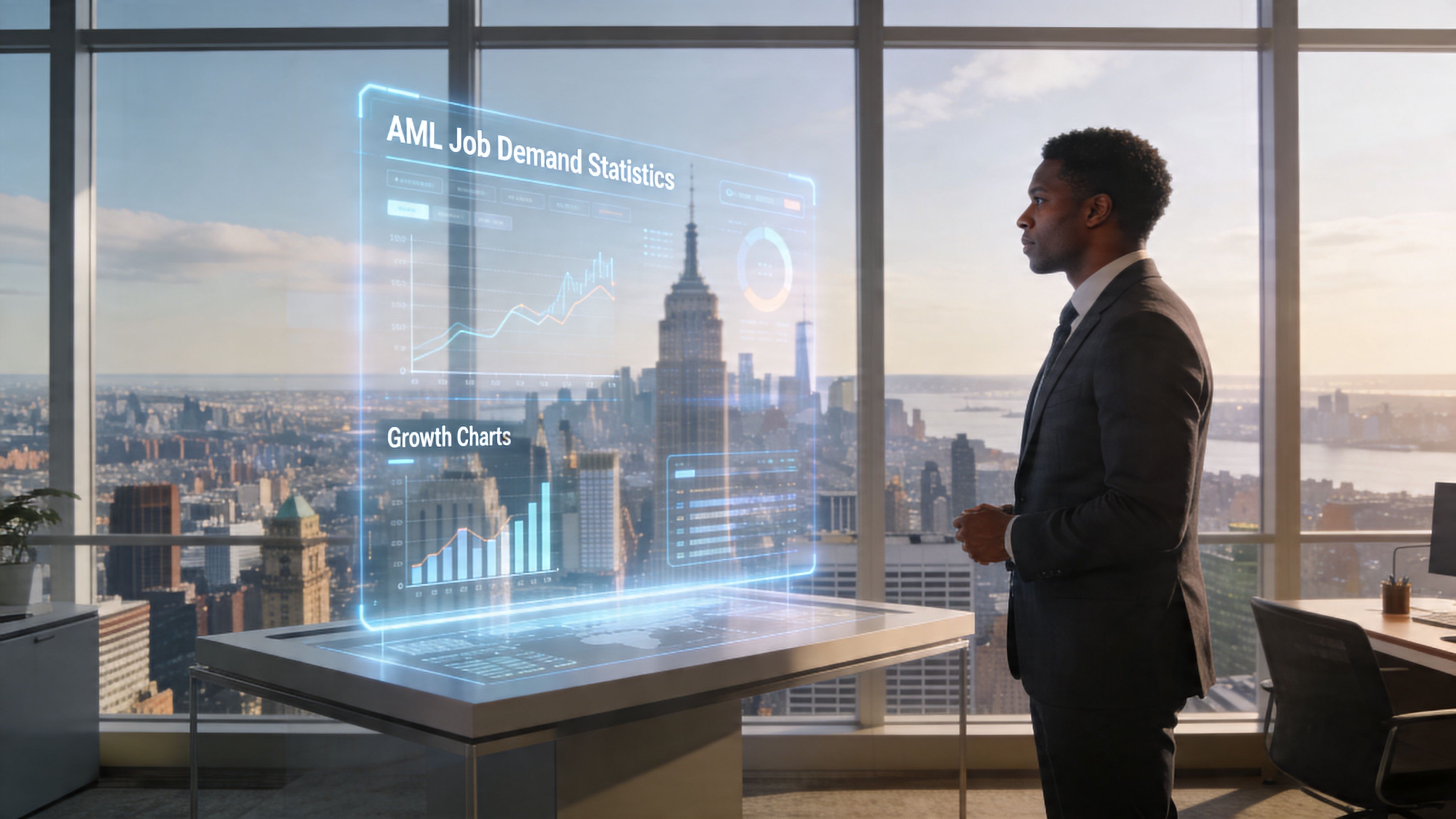 A professional man in a suit looks at an AML job demand data holographic display in NYC.
