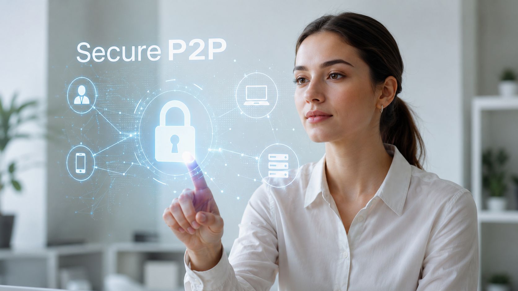 A woman interacting with a digital interface featuring a security padlock icon for secure peer-to-peer network connections.