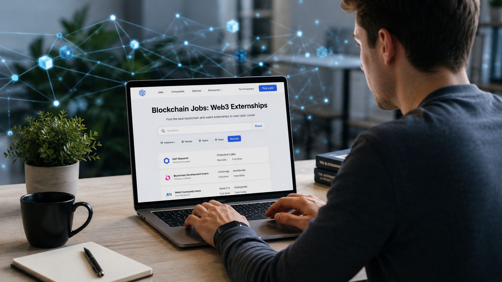 A person using a laptop to search for Web3 externships and blockchain job opportunities online.