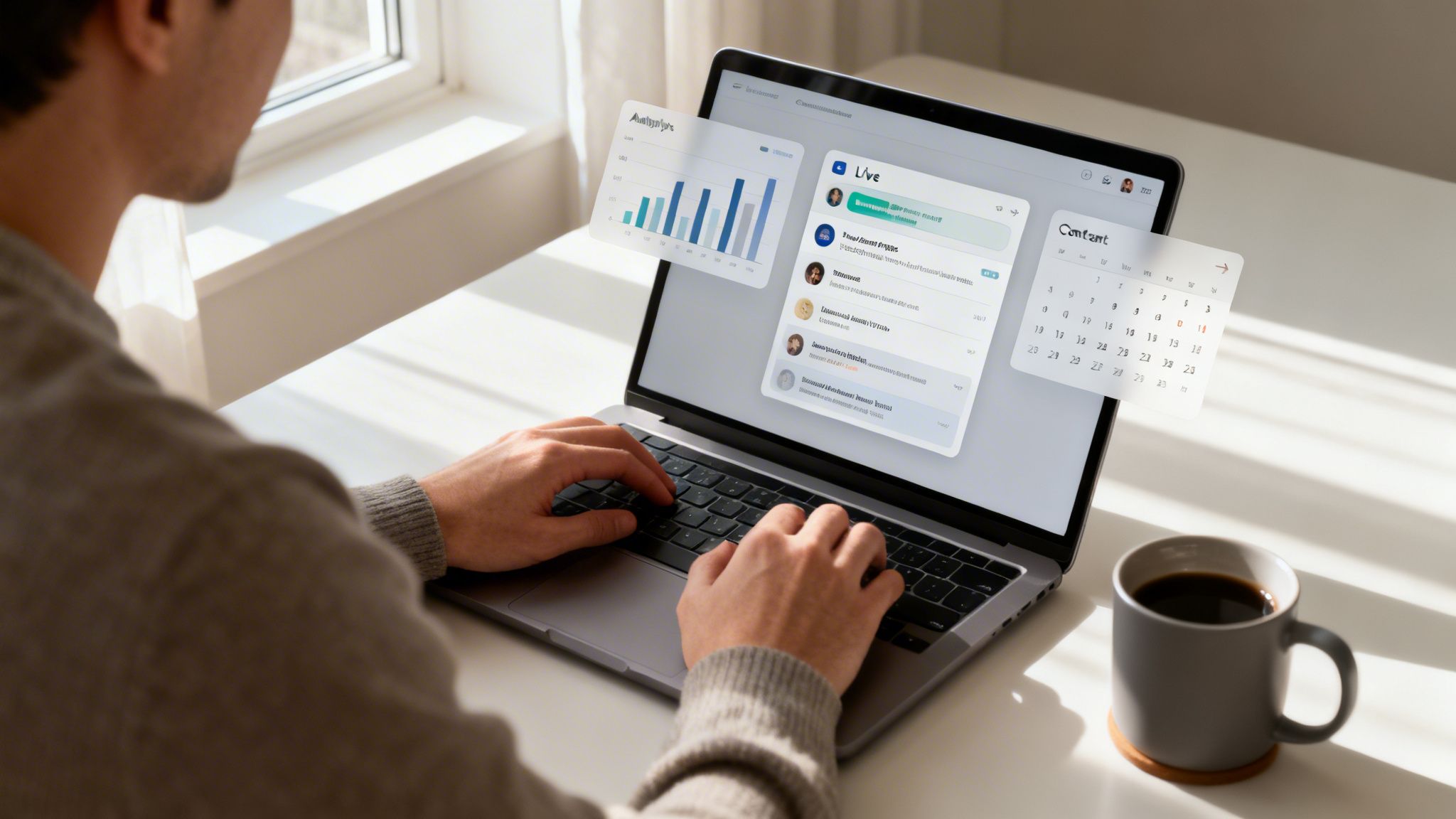 Over-the-shoulder view of a person typing on a laptop displaying business applications and data, with a coffee.