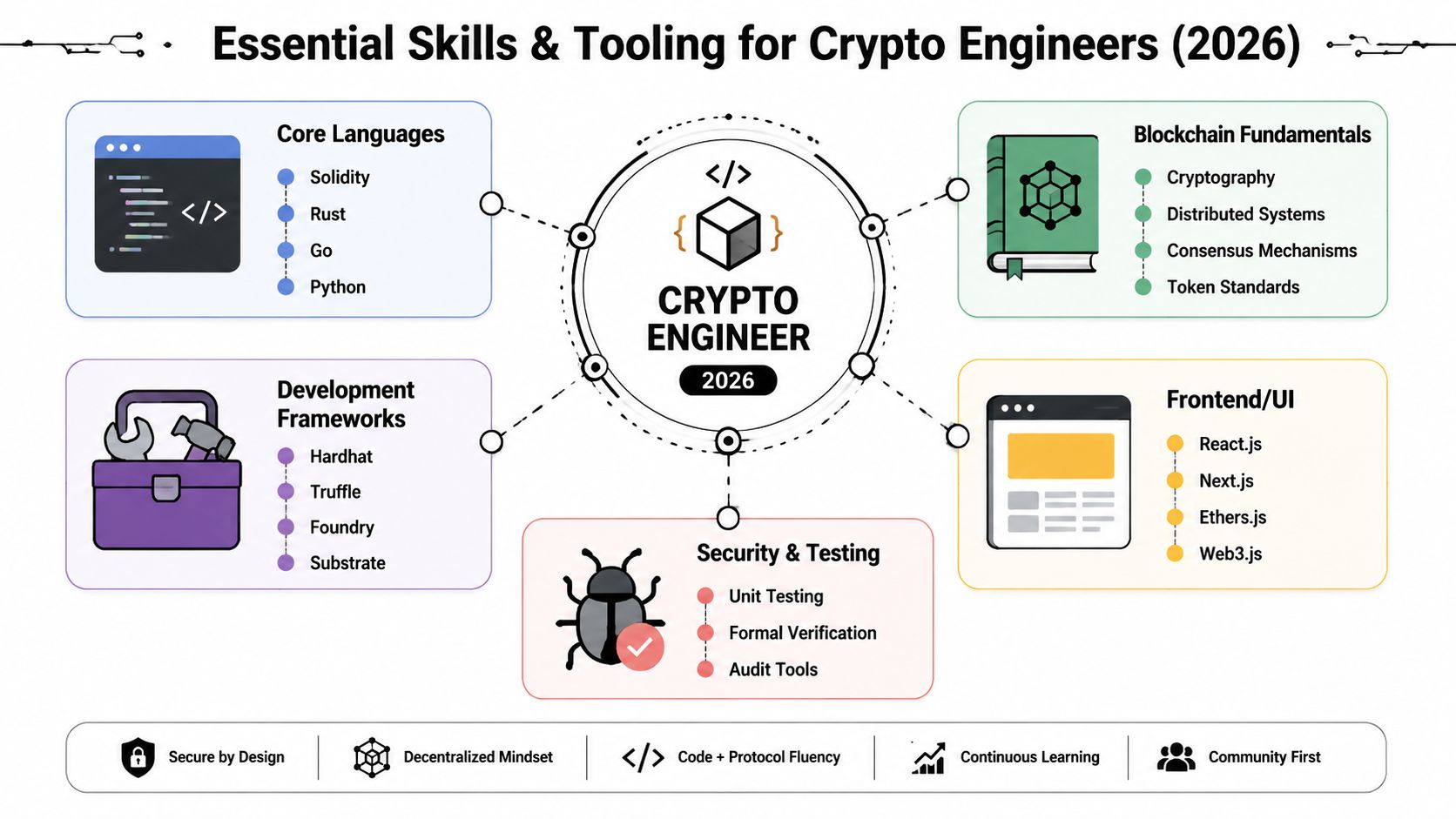 A diagram illustrating the essential skills and tools required for crypto engineers in the year 2026.