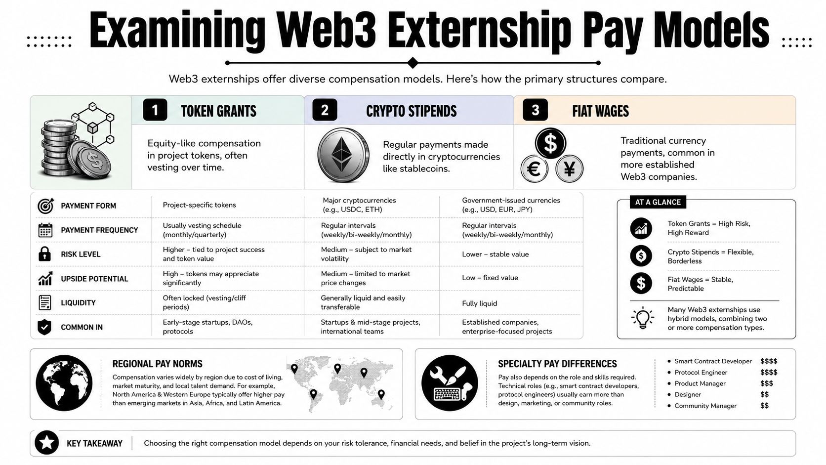 A comparison chart outlining three types of Web3 externship payment models: token grants, crypto stipends, and fiat wages.