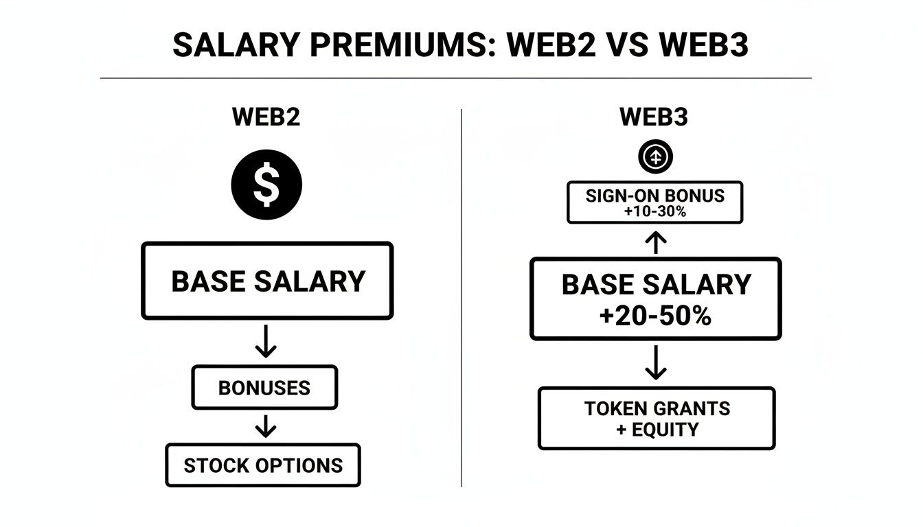 Flowchart comparing salary compensation structures and premiums between Web2 and Web3 industries, highlighting various components.