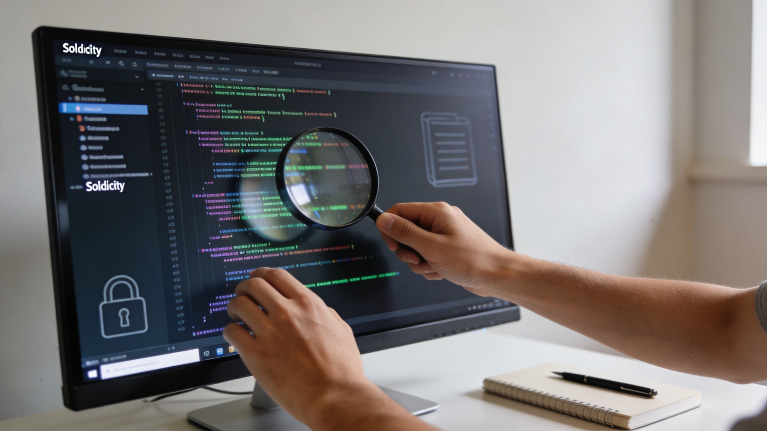 A developer reviews code on a computer screen using a magnifying glass to inspect security vulnerabilities.