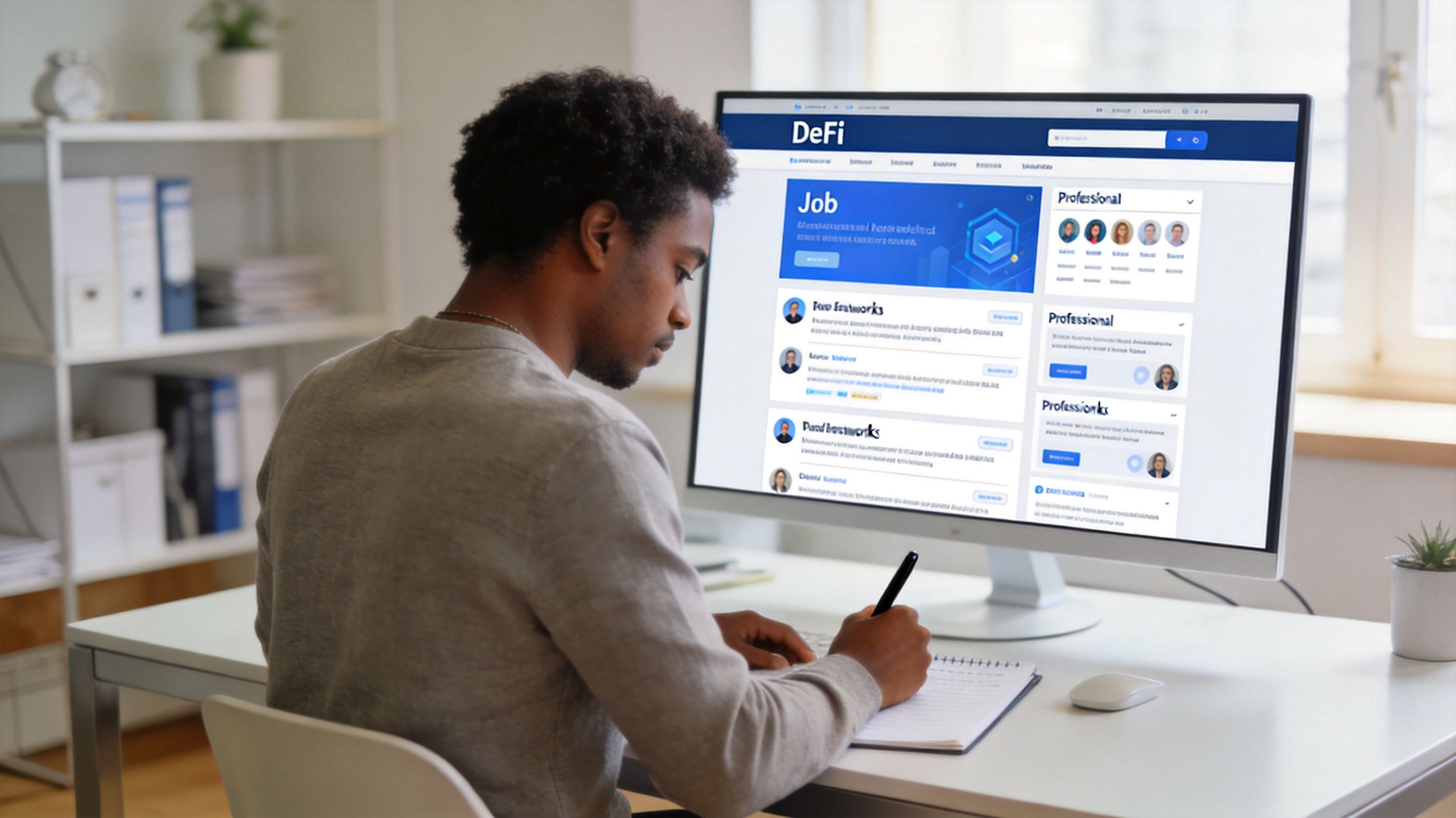 A young man sitting at a clean desk writing in a notebook while viewing DeFi career opportunities online.