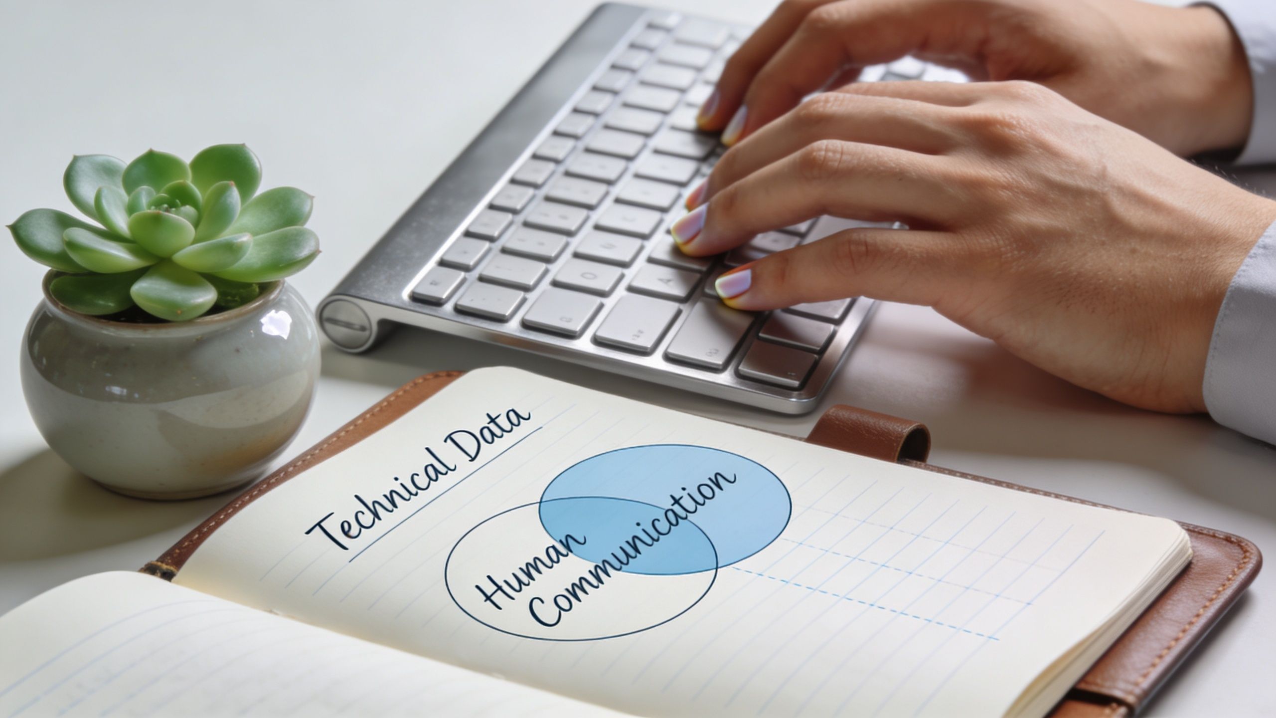 A person types on a keyboard next to a notebook showing a diagram about technical data and communication.