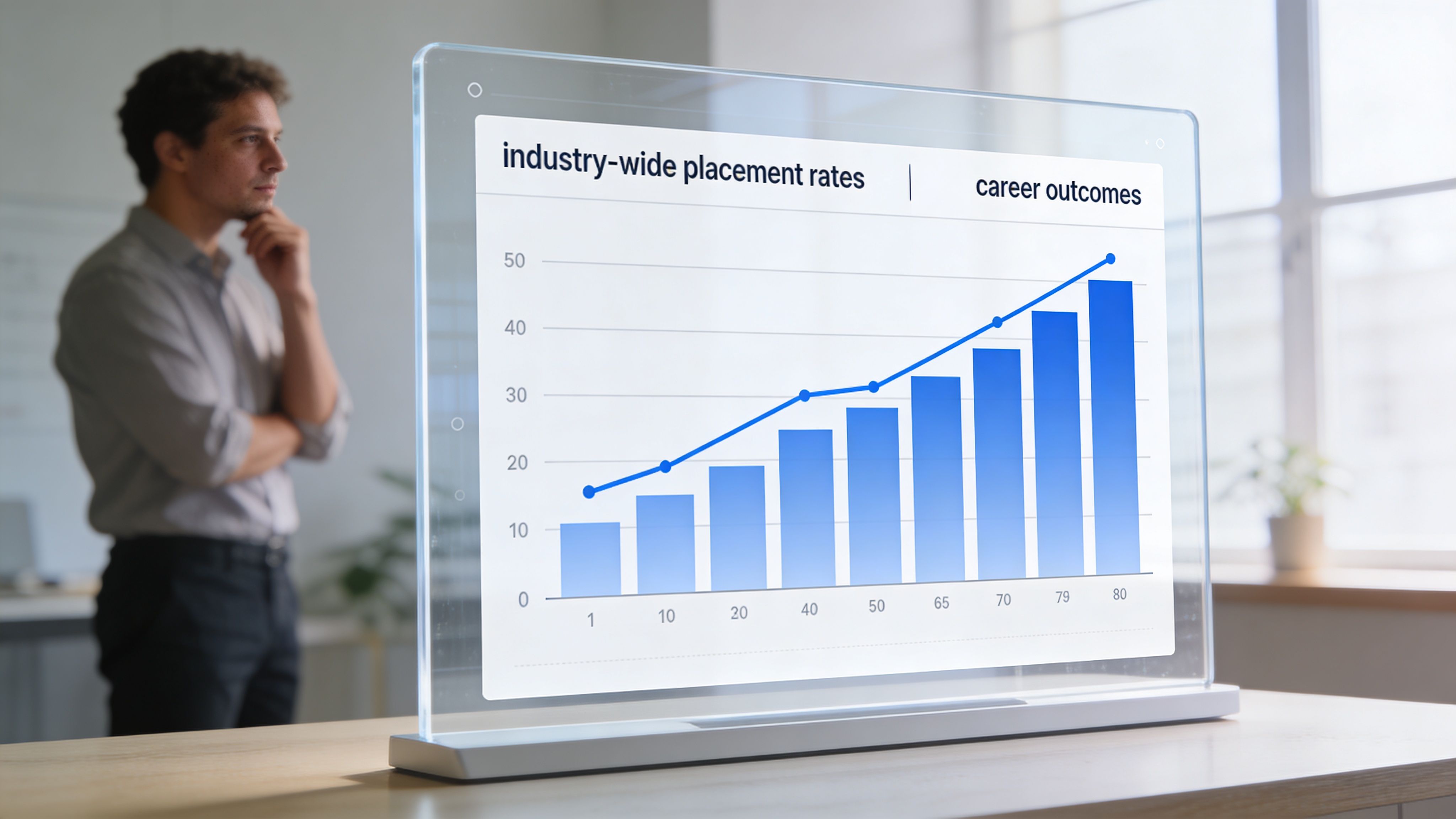 A professional analyzing a digital glass display showcasing an upward trending graph of industry-wide placement rates.