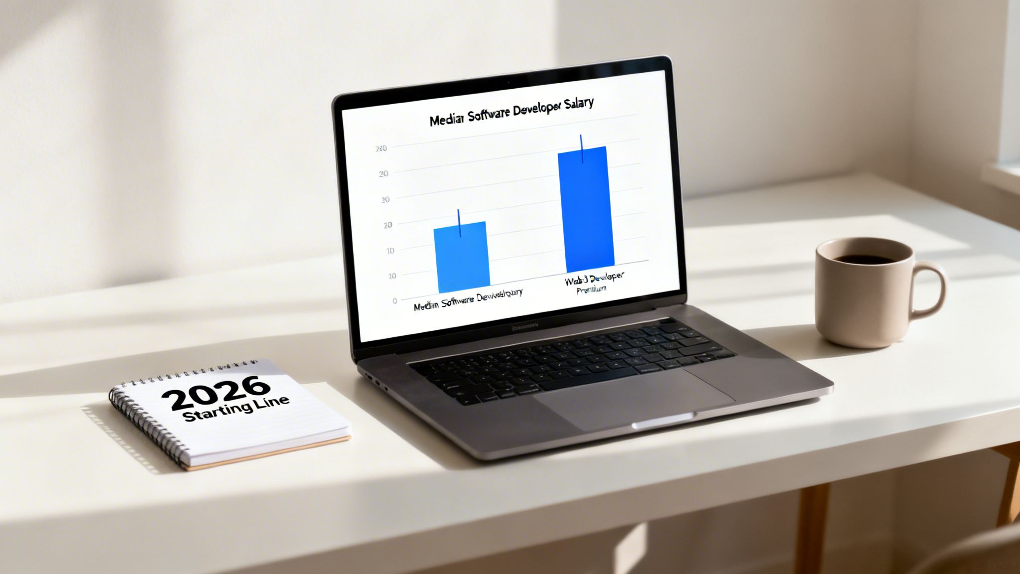 A laptop showing a salary comparison bar chart for software developers, next to a coffee mug and a '2026 Starting Line' notebook.