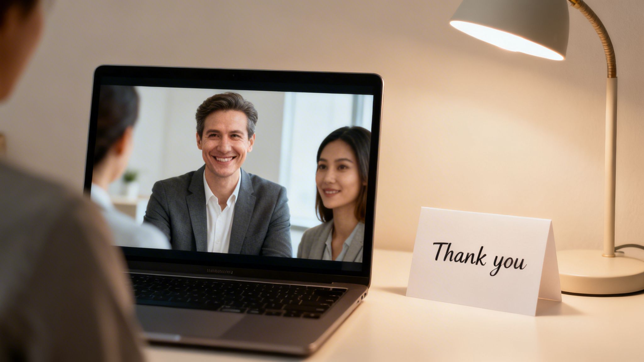 Over-the-shoulder view of a person on a video call with two smiling professionals, next to a 'Thank you' card.