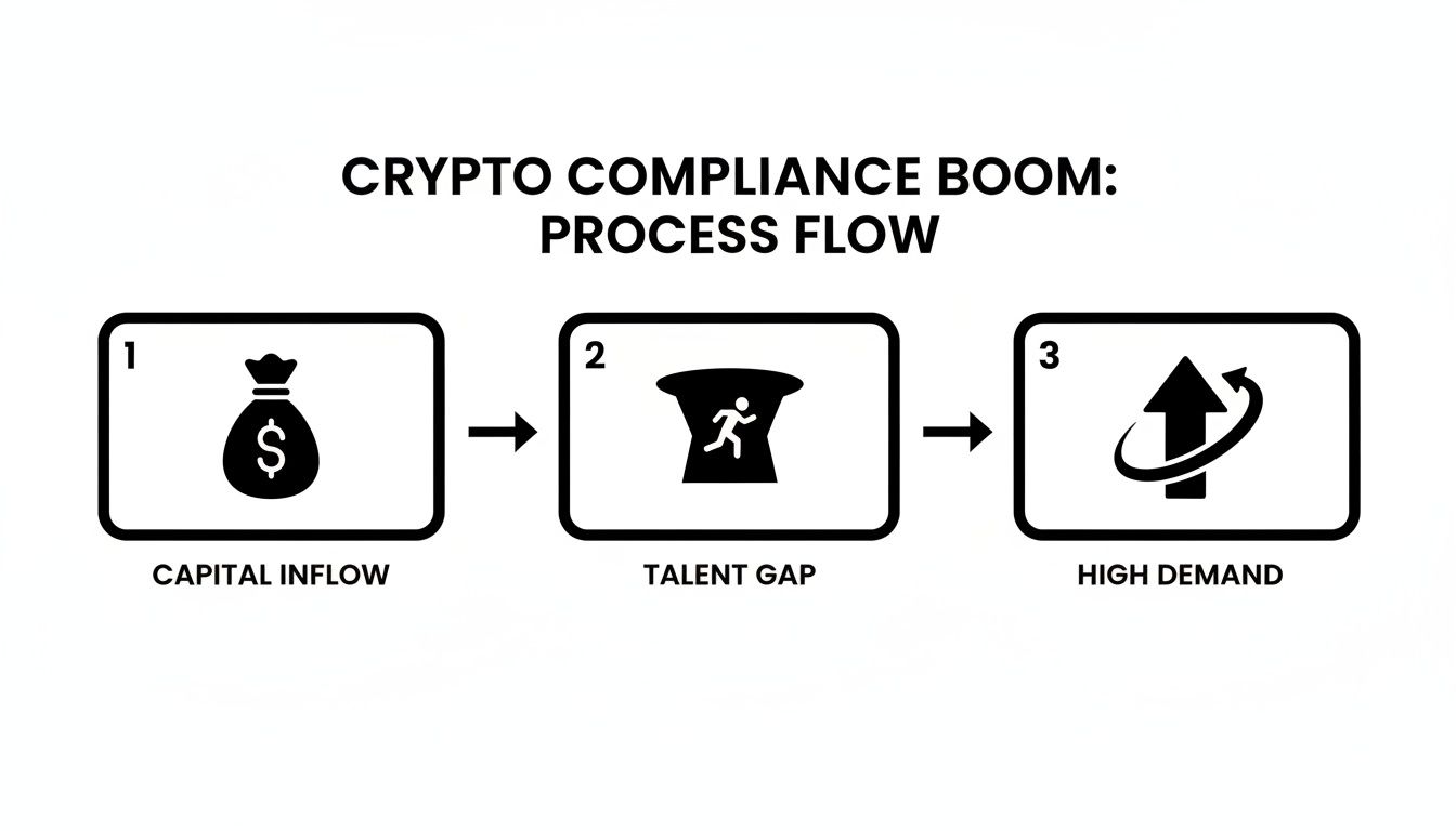 A process flow diagram illustrating the crypto compliance boom, showing capital inflow, talent gap, and high demand.