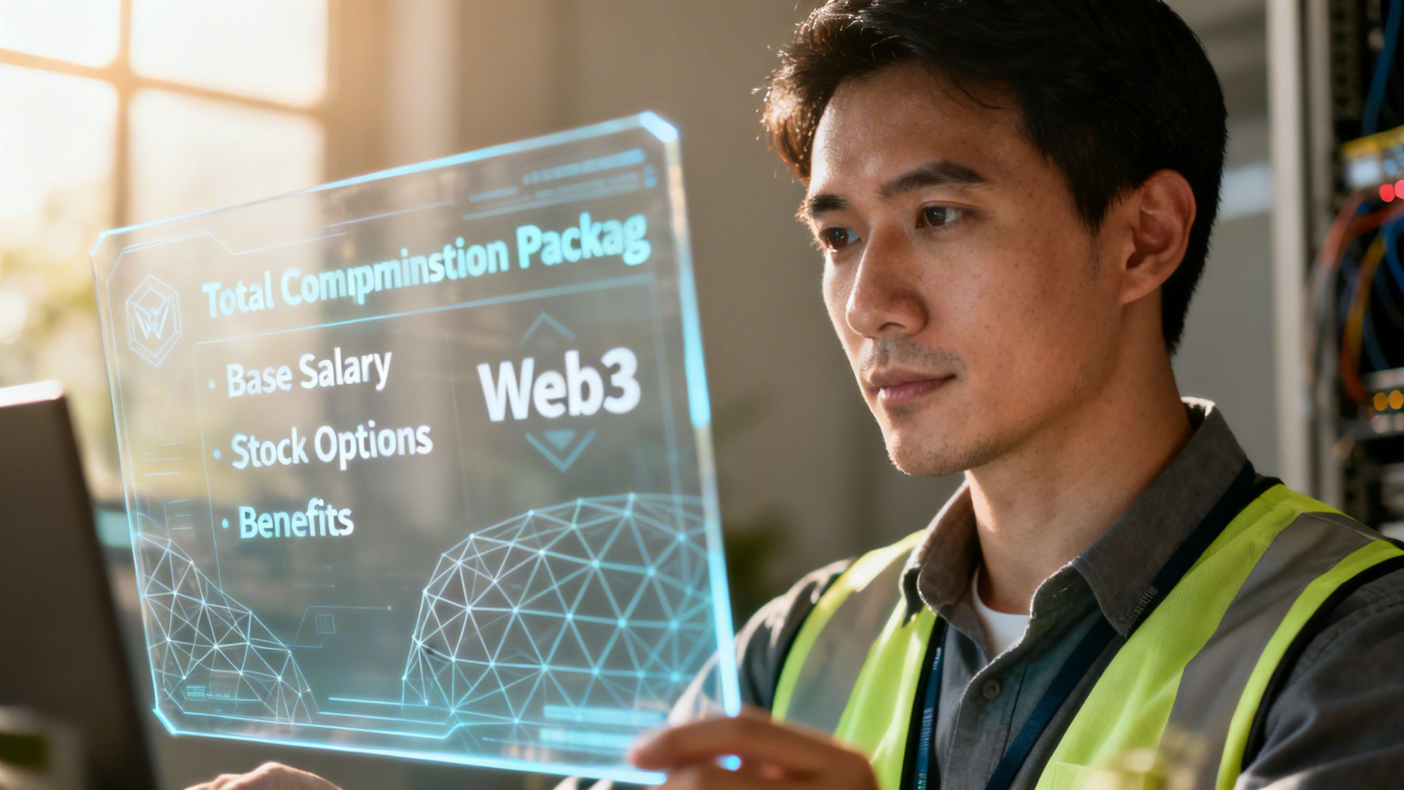 A professional technician wearing a high-visibility vest reviews a holographic display detailing Web3 total compensation package components.