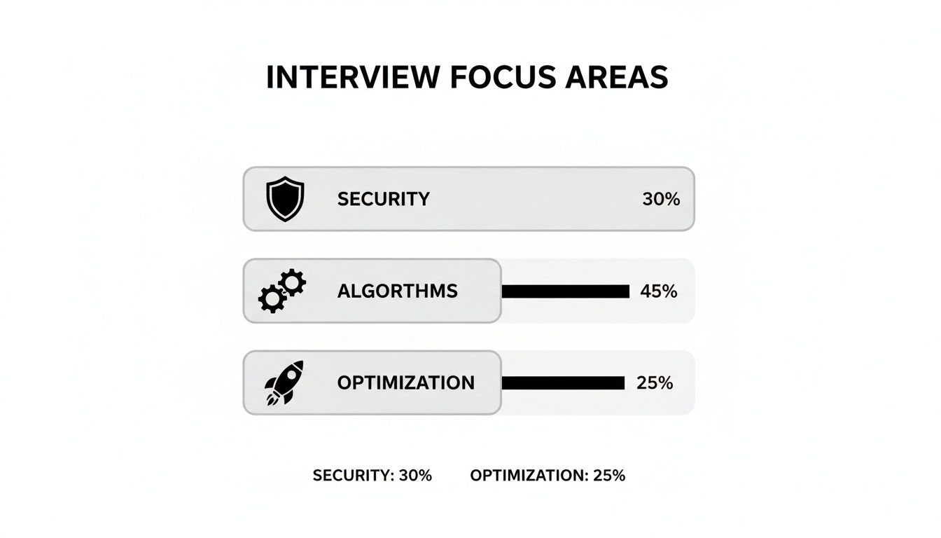 A graphic showing interview focus areas: Security (30%), Algorithms (45%), and Optimization (25%).