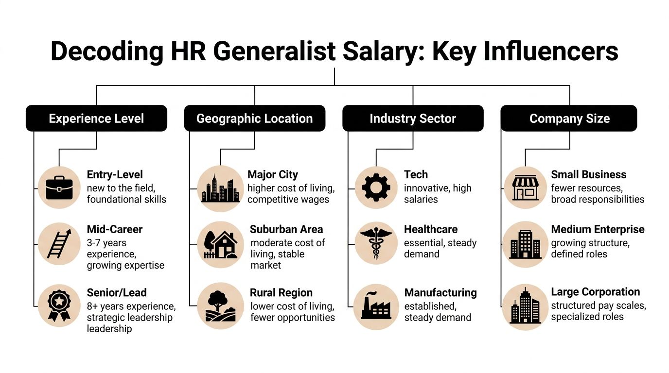 A flowchart infographic titled Decoding HR Generalist Salary illustrating factors like experience, location, industry, and company size.