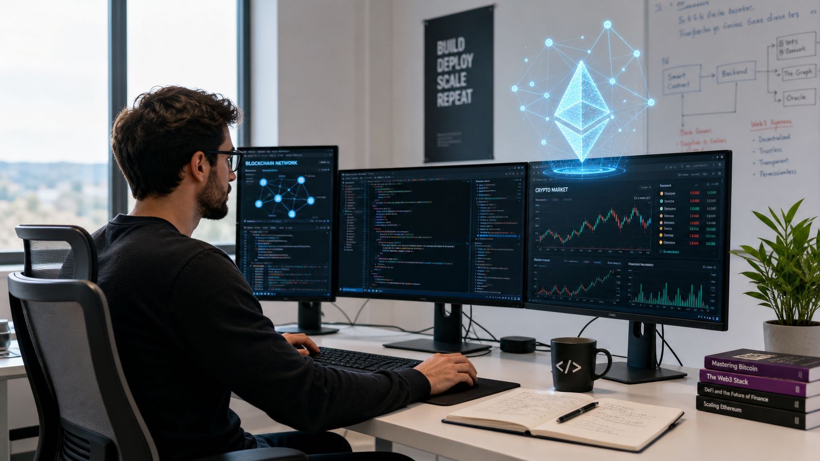 A professional software developer working on multiple monitors with crypto currency charts and blockchain code in an office.