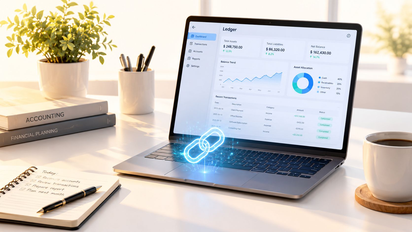 A laptop displaying financial ledger data with a glowing digital blockchain icon on the keyboard.