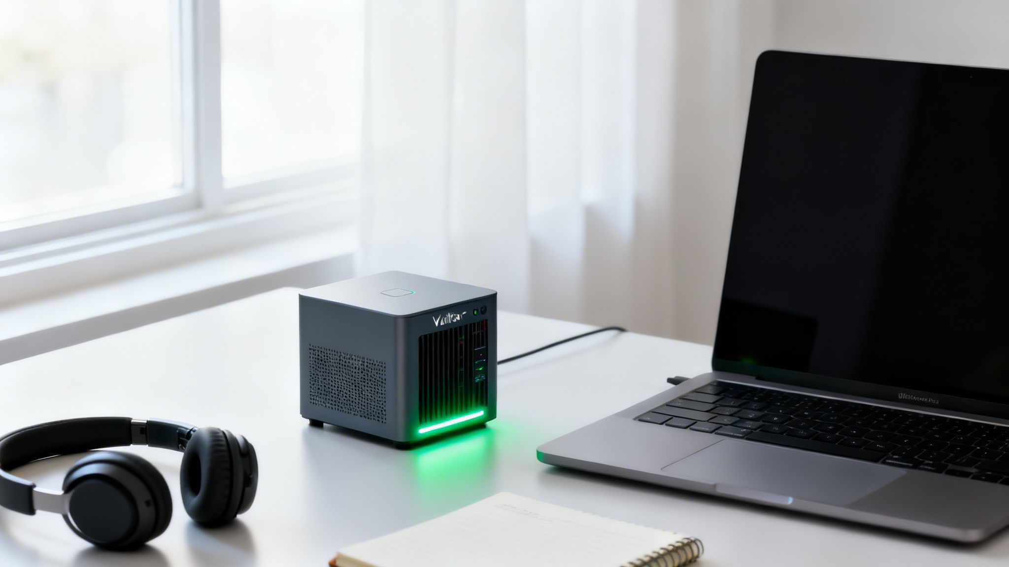 A compact server with green lights, a laptop, and headphones on a white desk.