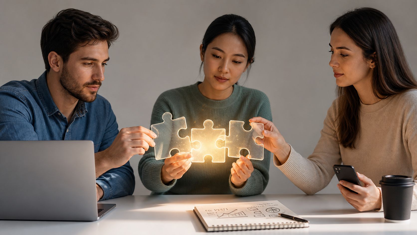 A professional team of three people collaborating by connecting glowing puzzle pieces at a desk