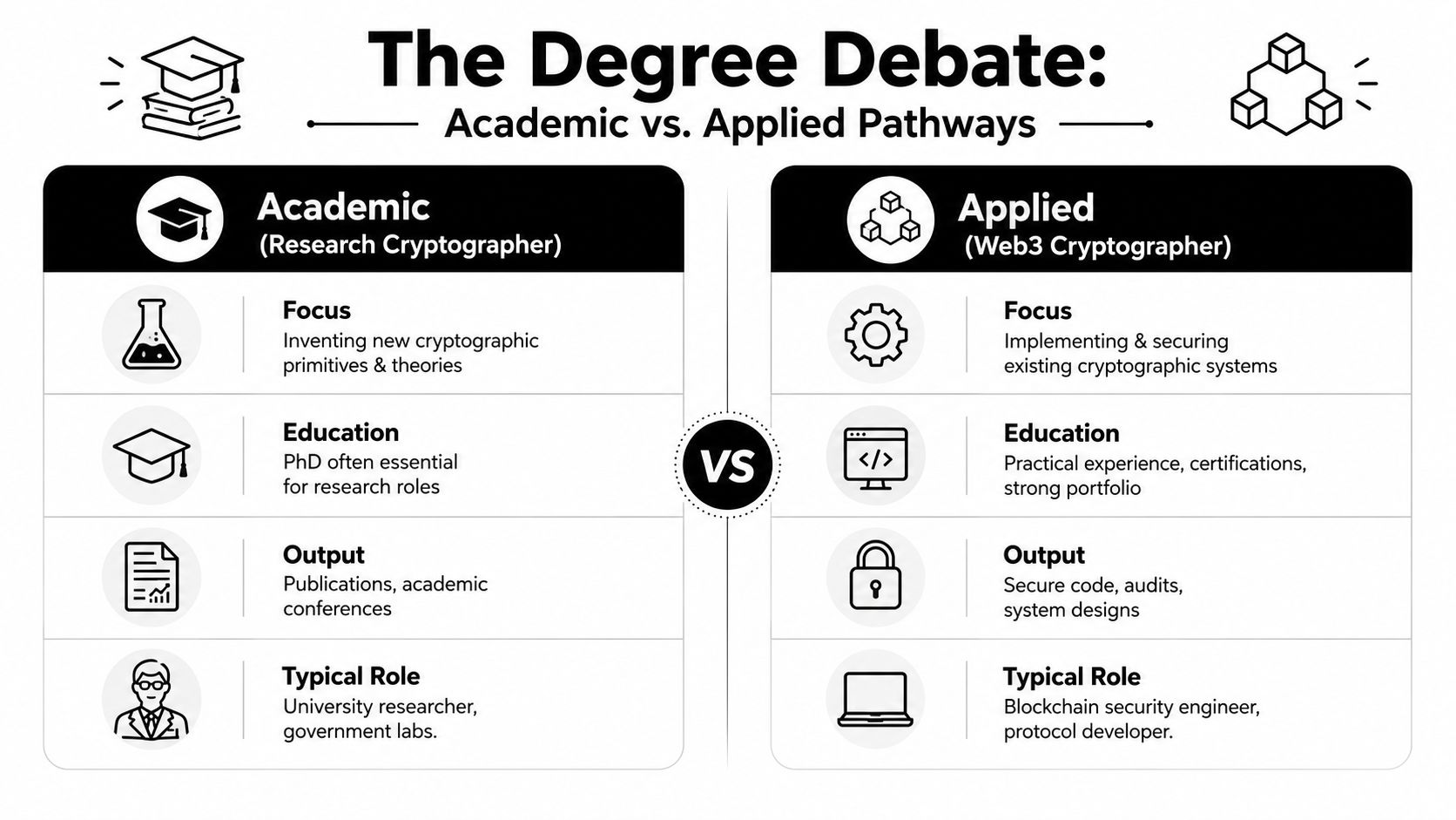 A comparison chart outlining the differences between academic research cryptographers and applied Web3 cryptographer career pathways.
