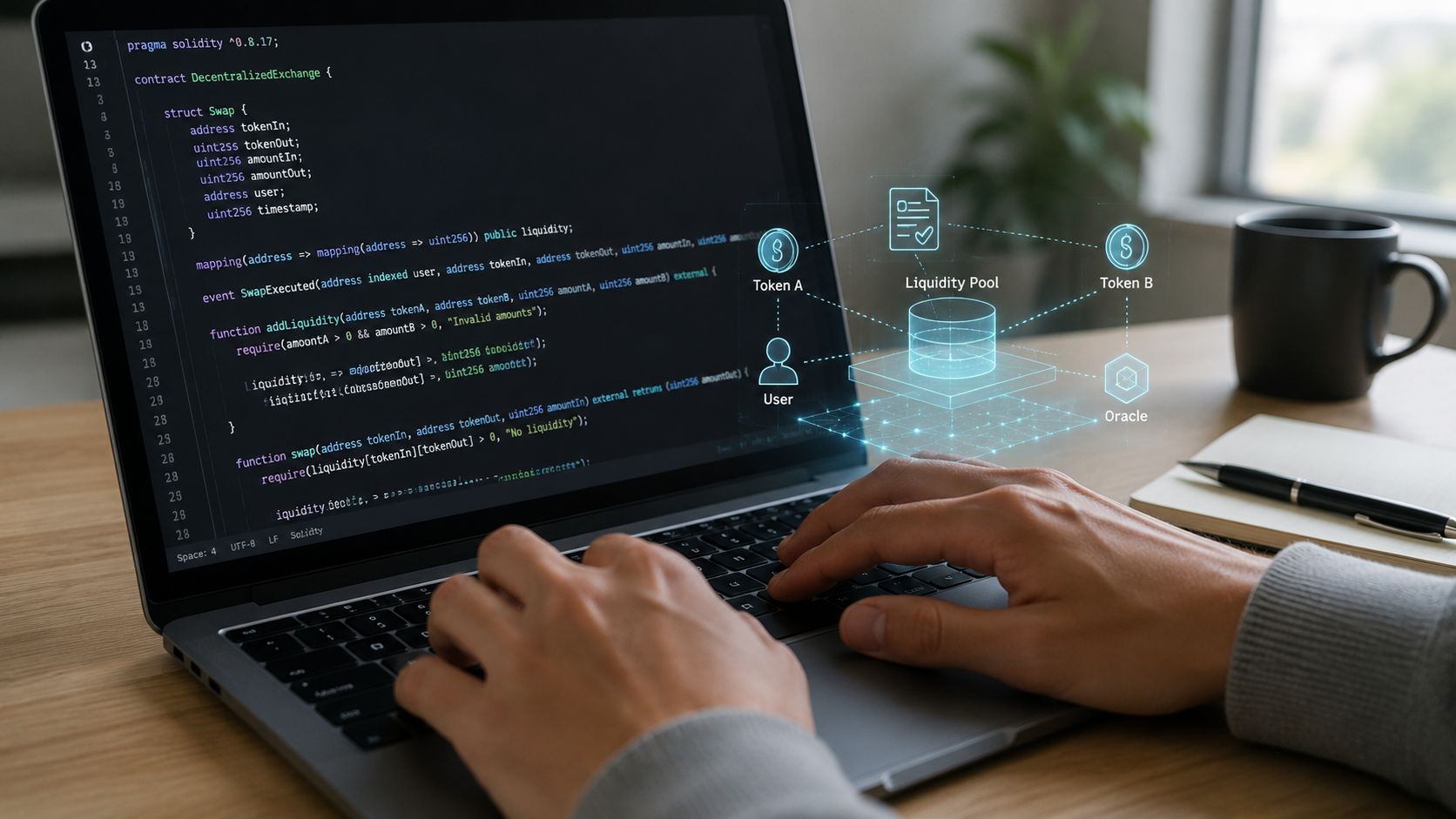 A person writing Solidity code for a decentralized exchange on a laptop with digital liquidity pool visualization.