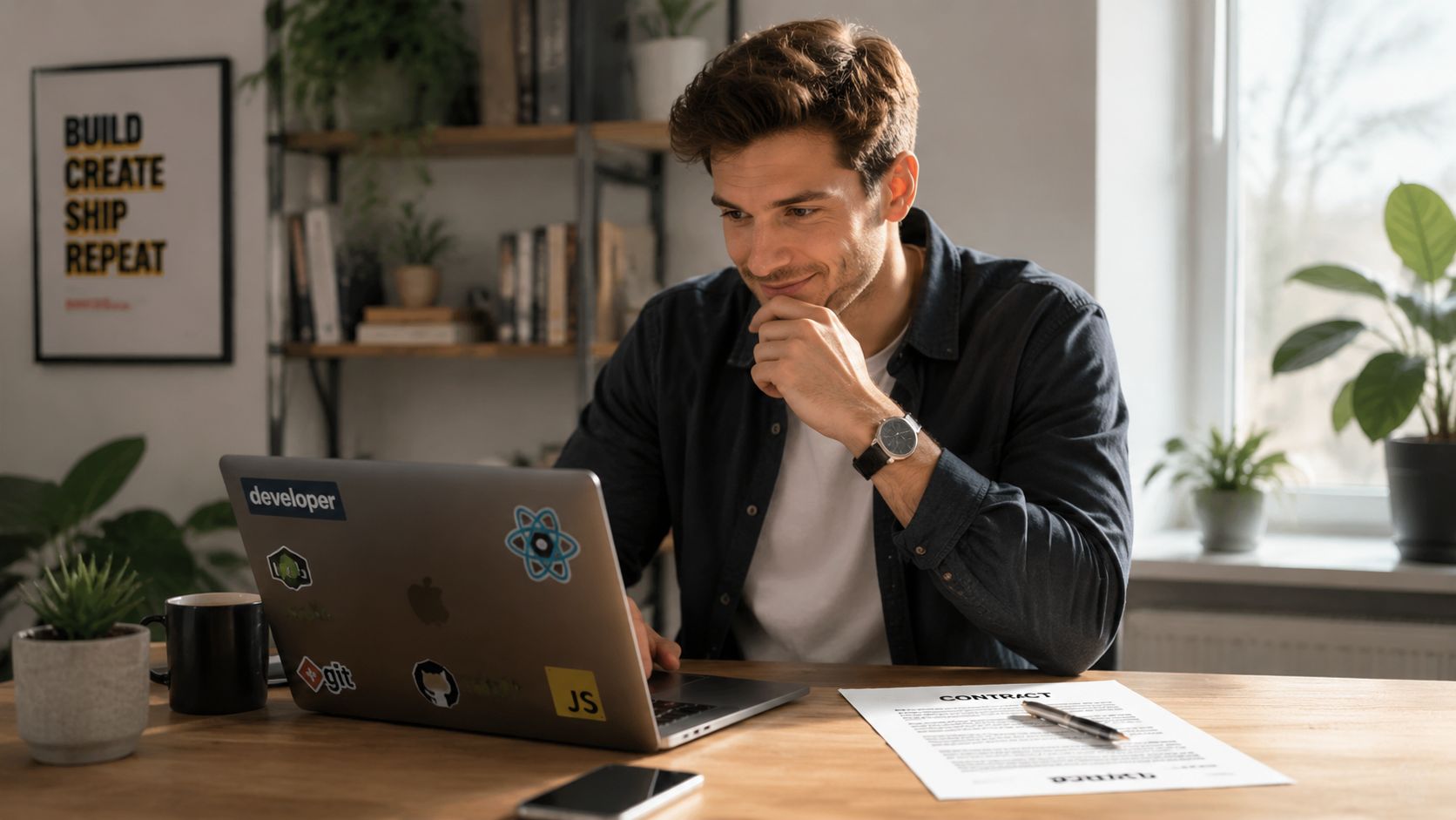 A professional web developer reviewing a contract while working on a laptop at his desk.