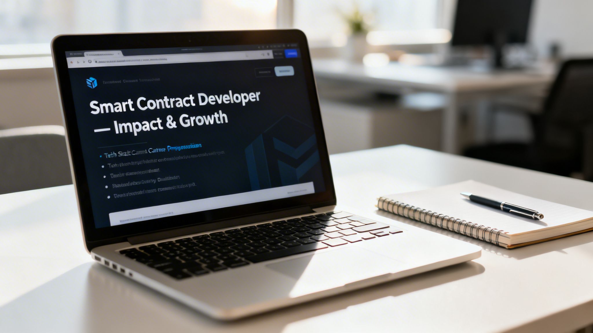 Laptop displaying smart contract developer content on a desk in a professional office workspace.