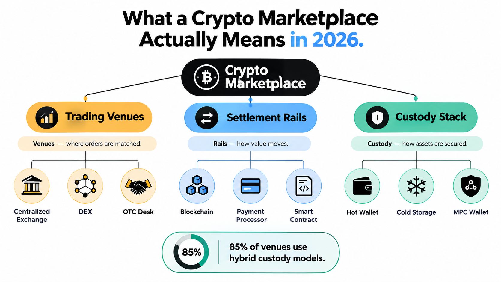 A diagram outlining the components of a crypto marketplace in 2026, including trading venues, settlement rails, and custody stacks.