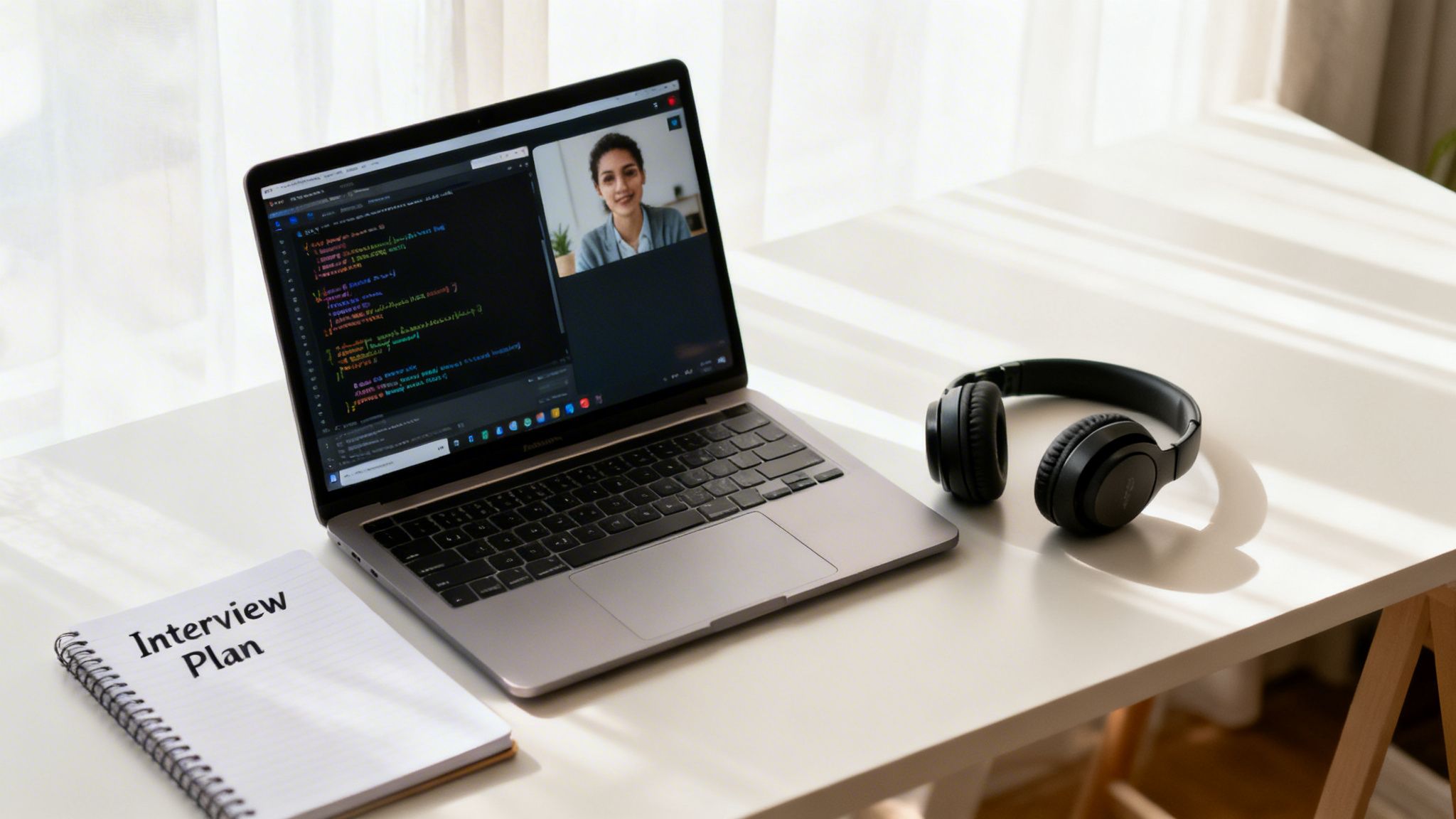 A laptop showing code and a video call with a woman, headphones, and an 'Interview Plan' notebook on a white desk.