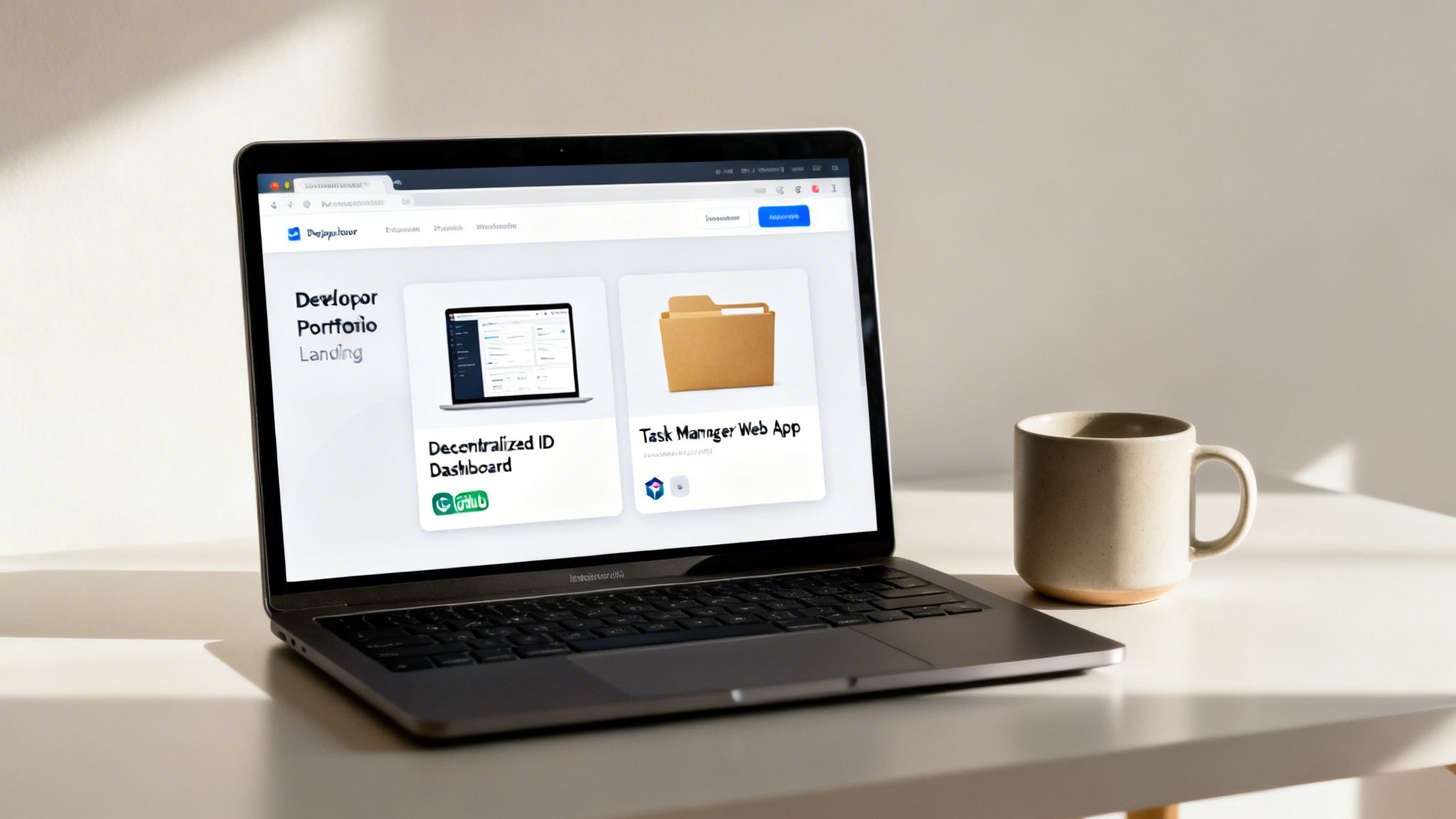 A laptop displaying a developer portfolio website with project cards and a coffee mug on a white desk.